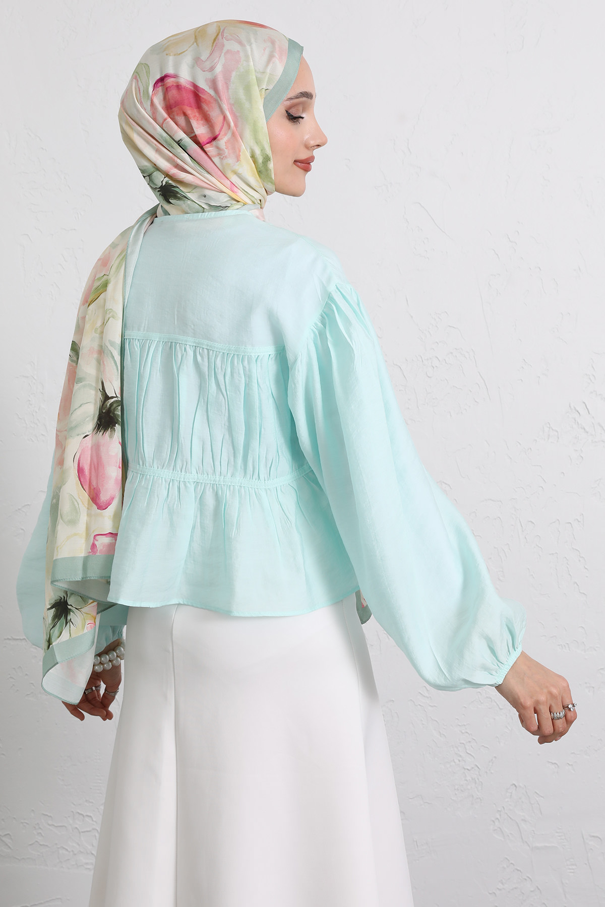 Çift Bağcıklı Büzgülü Gömlek Y0099 - MİNT YEŞİLİ |  