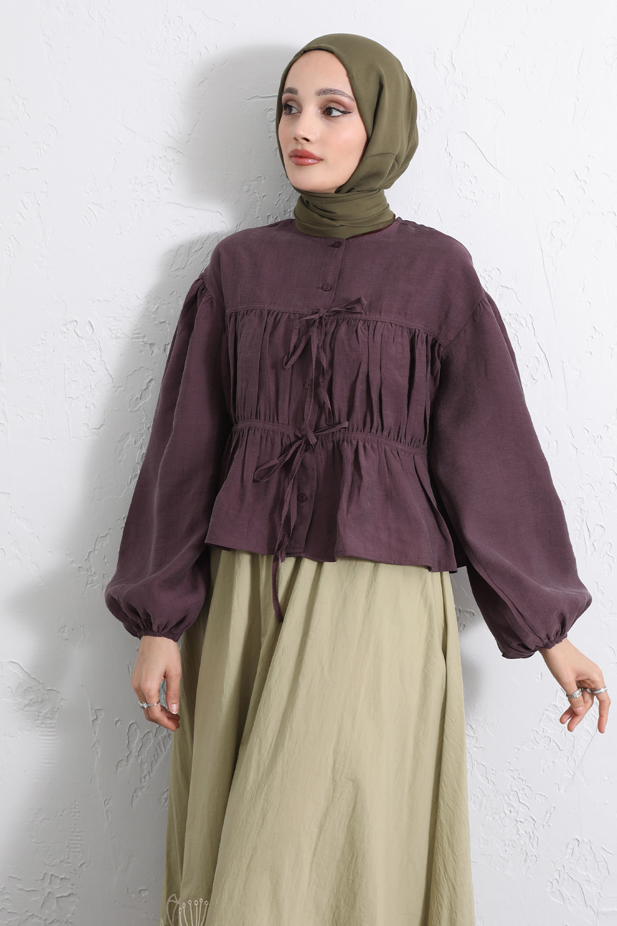 Çift Bağcıklı Büzgülü Gömlek Y0099 - MÜRDÜM |  