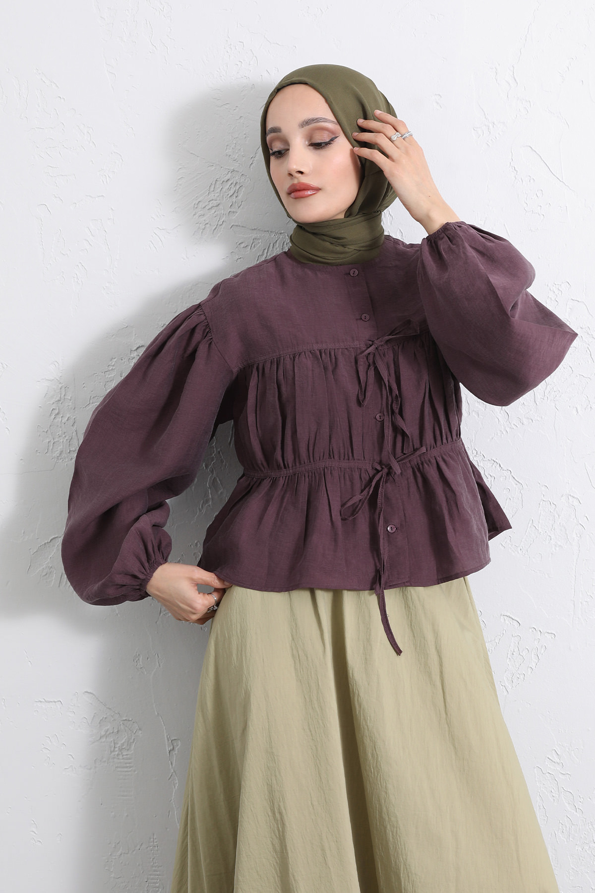 Çift Bağcıklı Büzgülü Gömlek Y0099 - MÜRDÜM |  