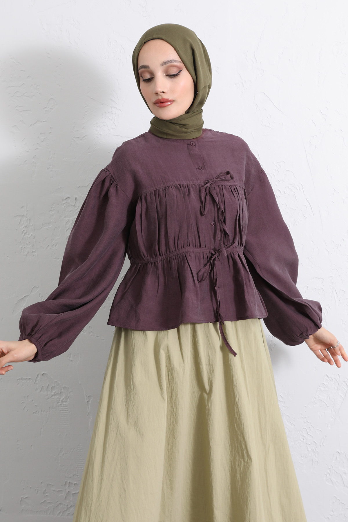 Çift Bağcıklı Büzgülü Gömlek Y0099 - MÜRDÜM |  