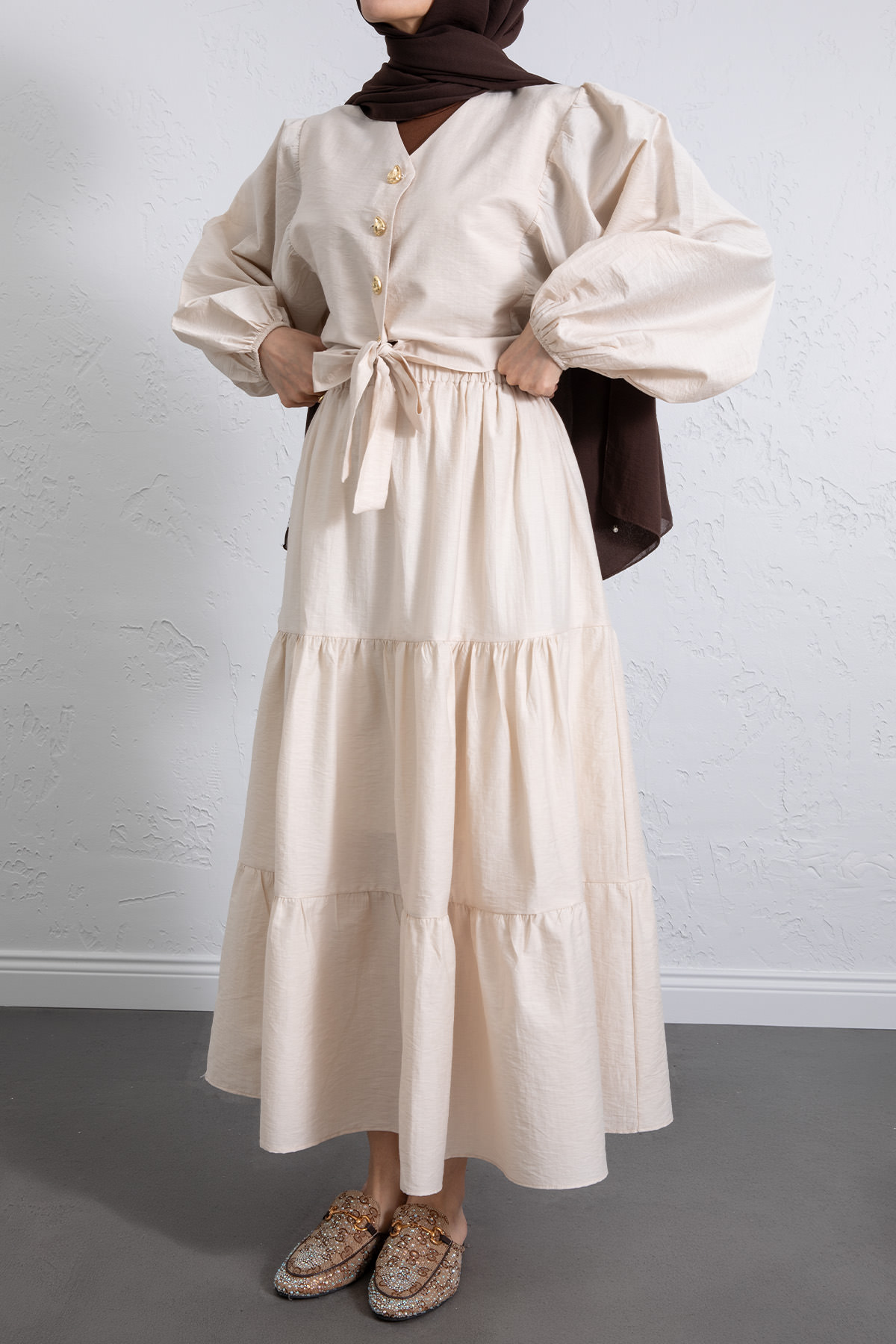 Bağlamalı Bluz Etek Takım Y0100 - BEJ |  