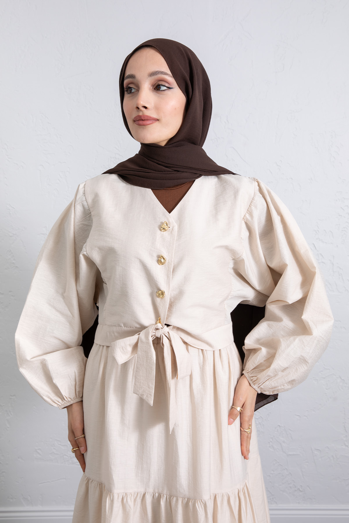 Bağlamalı Bluz Etek Takım Y0100 - BEJ |  