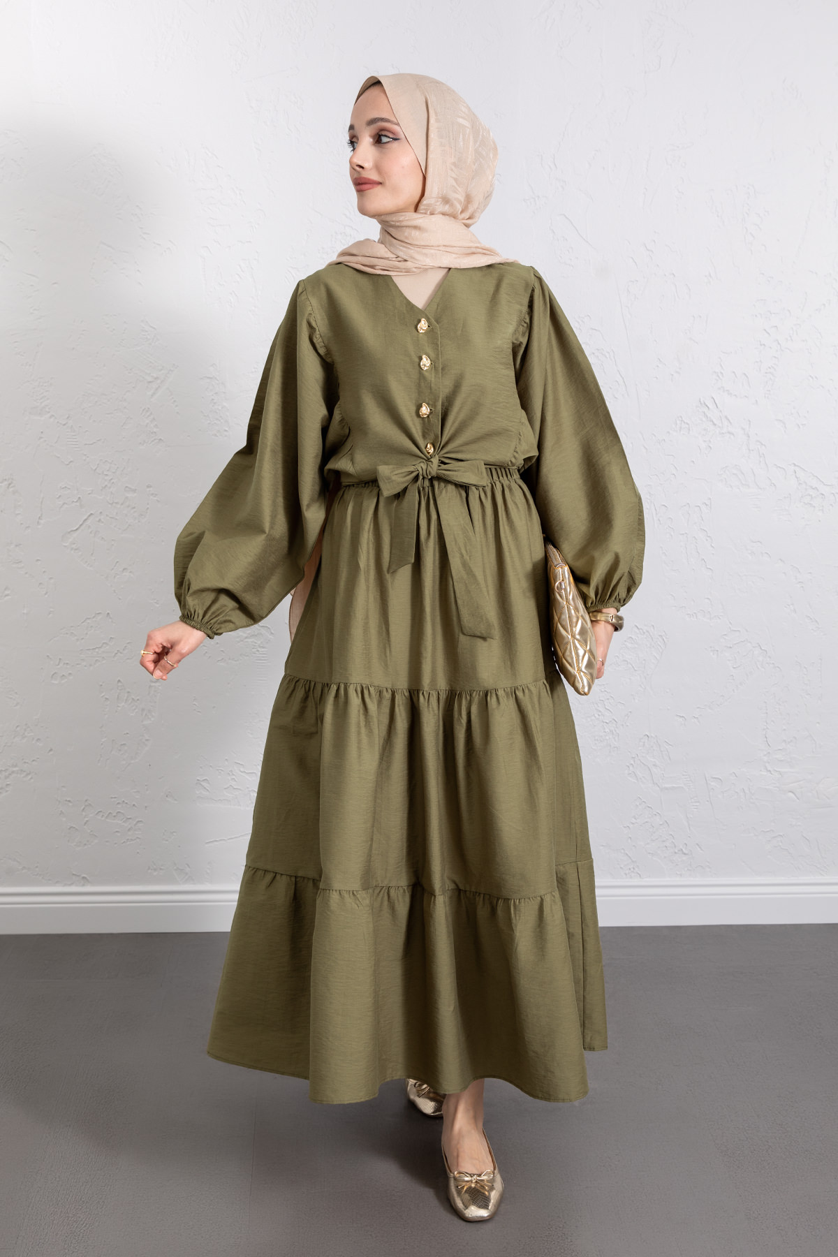 Bağlamalı Bluz Etek Takım Y0100 - HAKİ |  