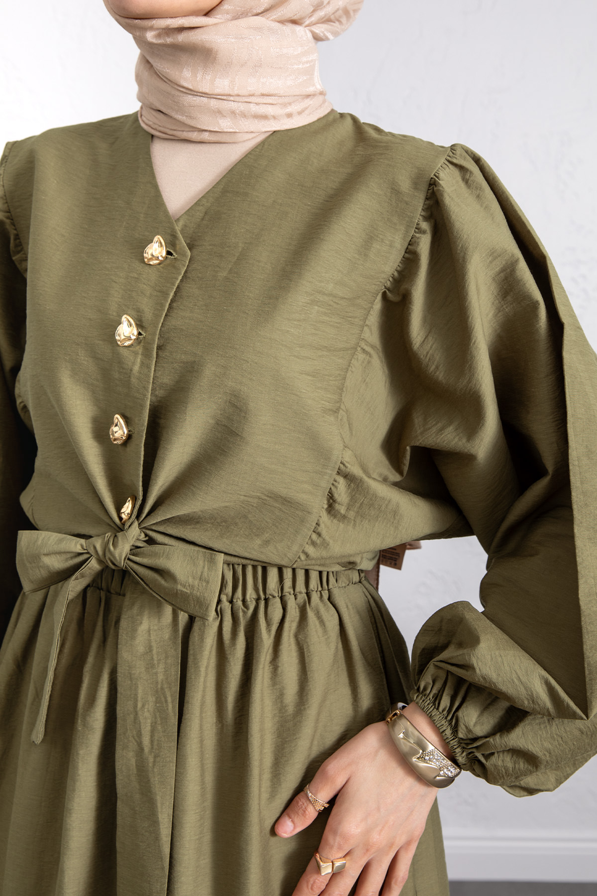 Bağlamalı Bluz Etek Takım Y0100 - HAKİ |  