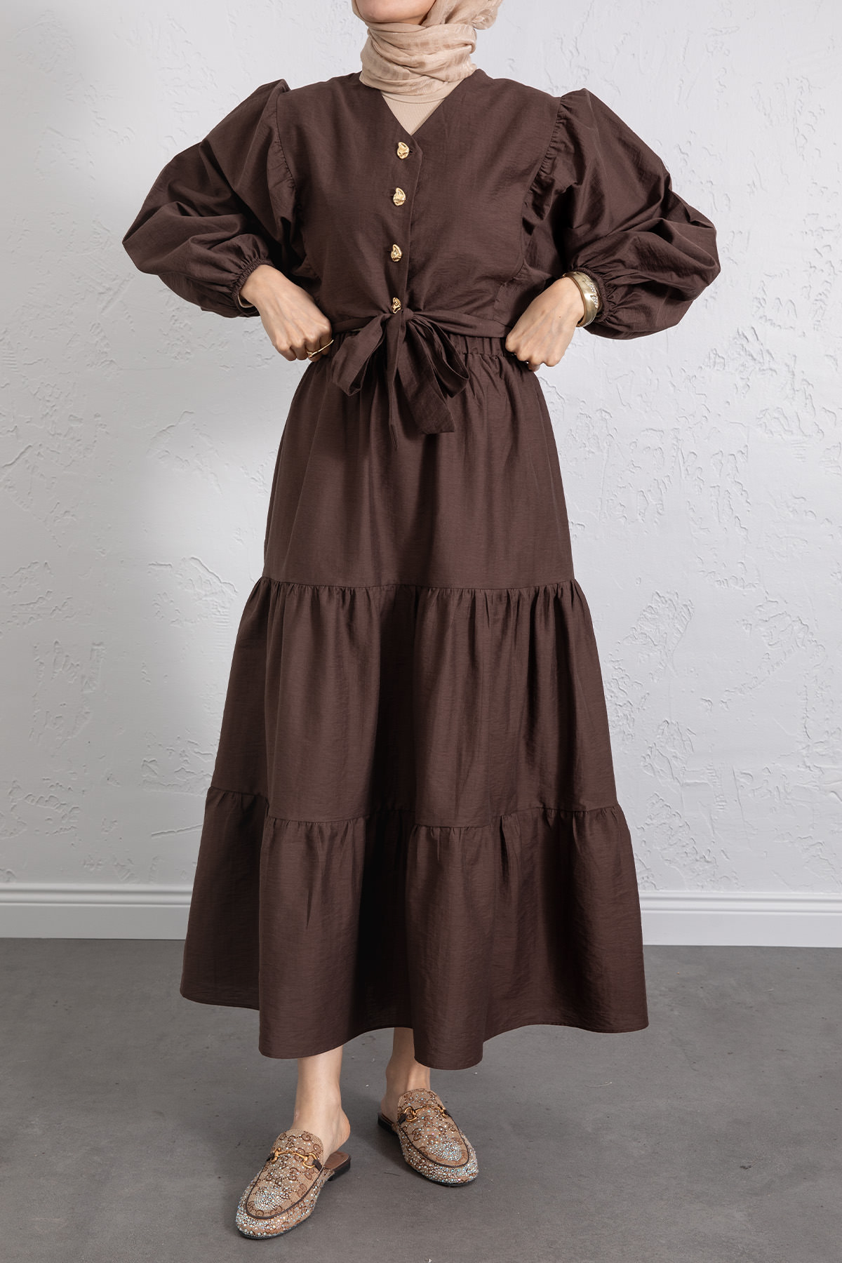 Bağlamalı Bluz Etek Takım Y0100 - KAHVERENGİ |  