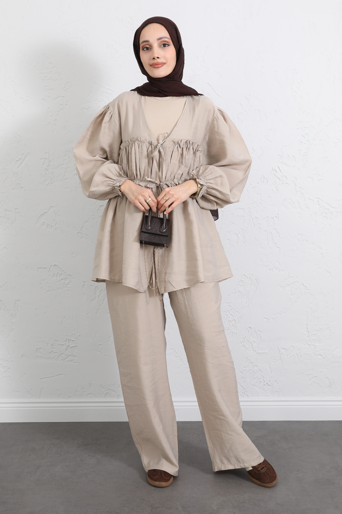 Önü Büzgülü Kimono Takım Y0102 - BEJ |  