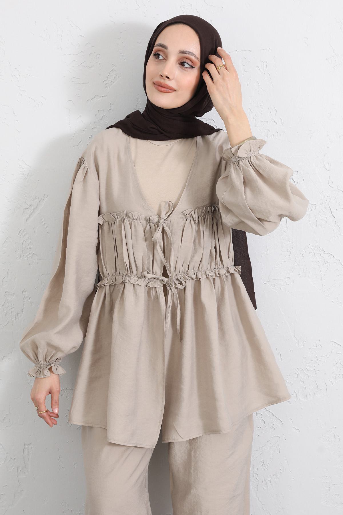 Önü Büzgülü Kimono Takım Y0102 - BEJ |  