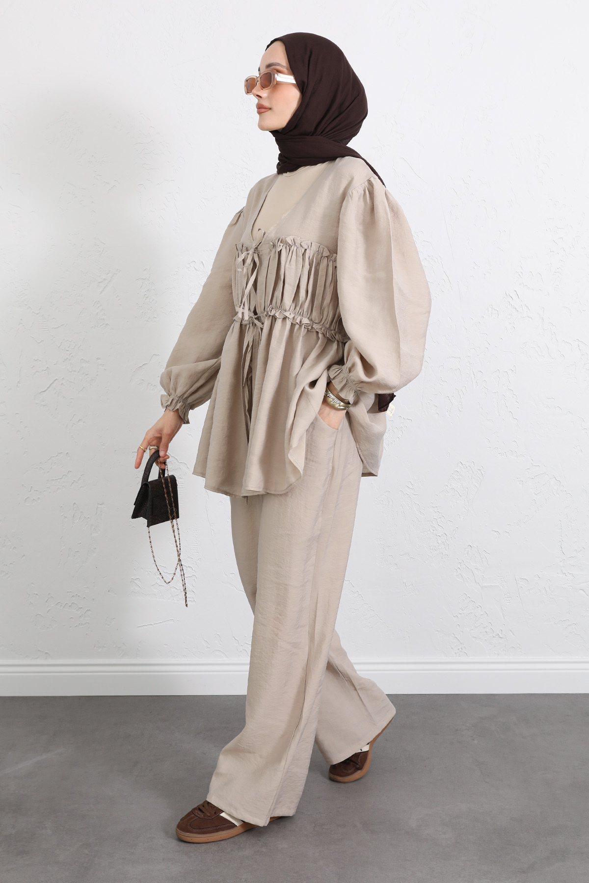 Önü Büzgülü Kimono Takım Y0102 - BEJ |  