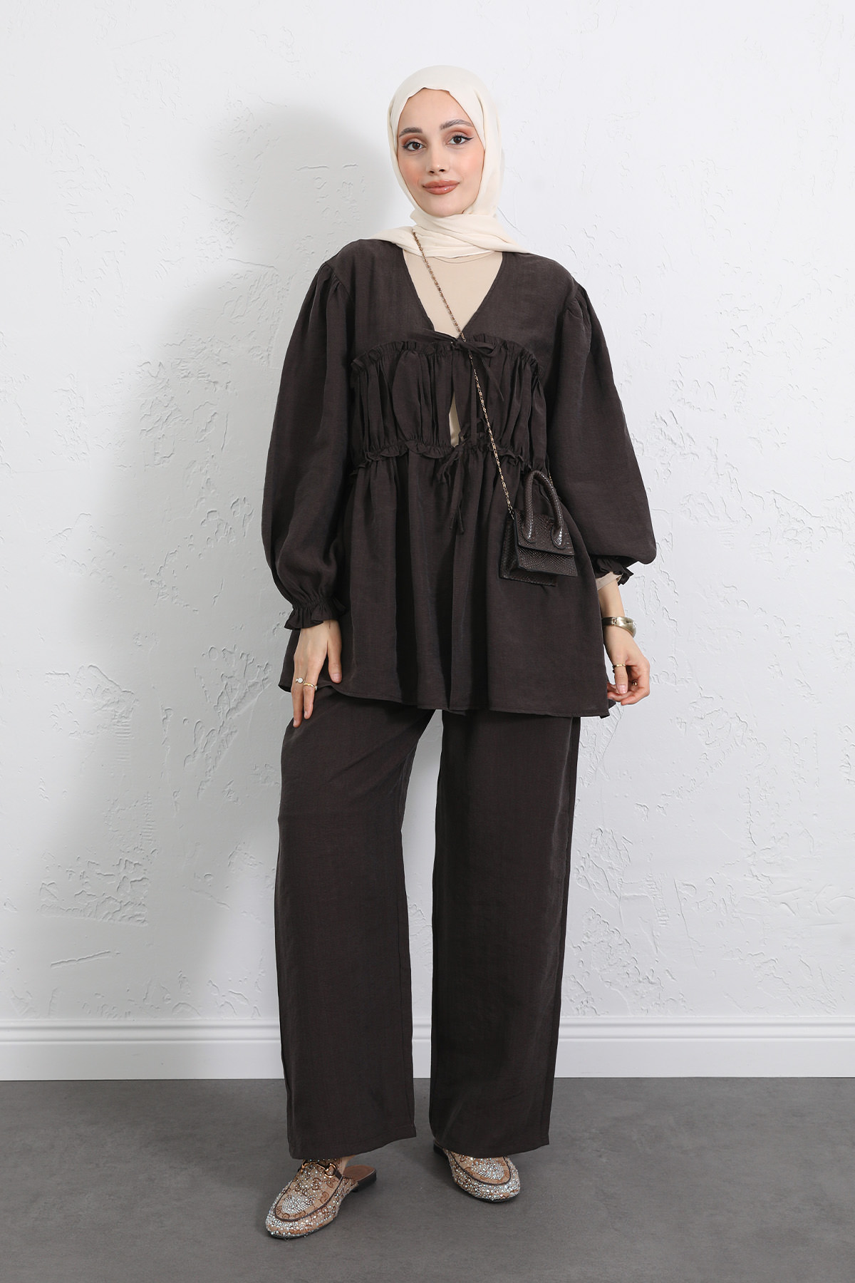 Önü Büzgülü Kimono Takım Y0102 - KAHVERENGİ |  