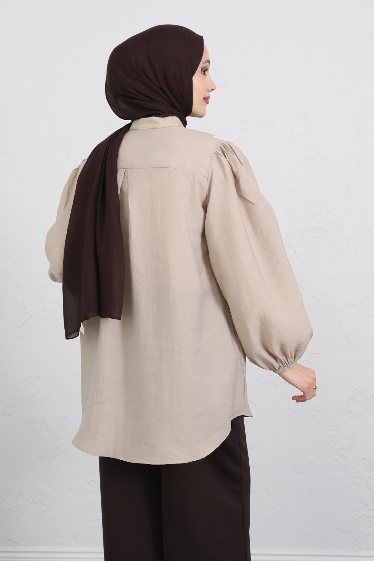 Nakış Detaylı Balon Kol Gömlek Y0103 - BEJ |  