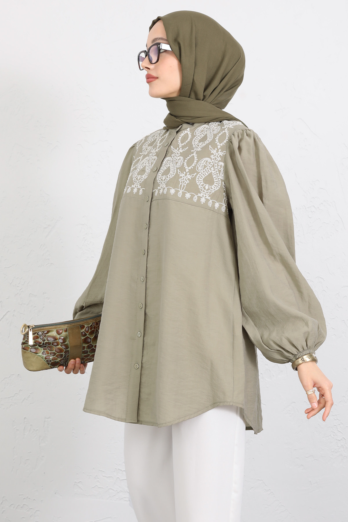 Nakış Detaylı Balon Kol Gömlek Y0103 - AÇIK HAKİ |  