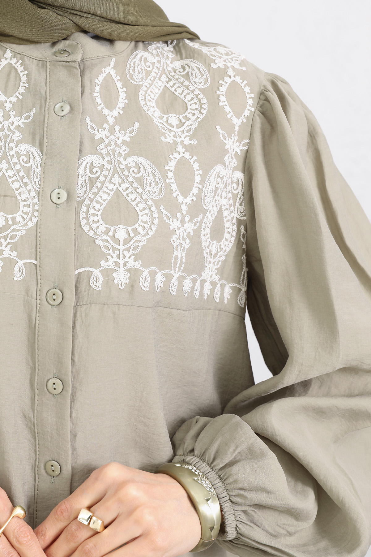 Nakış Detaylı Balon Kol Gömlek Y0103 - AÇIK HAKİ |  