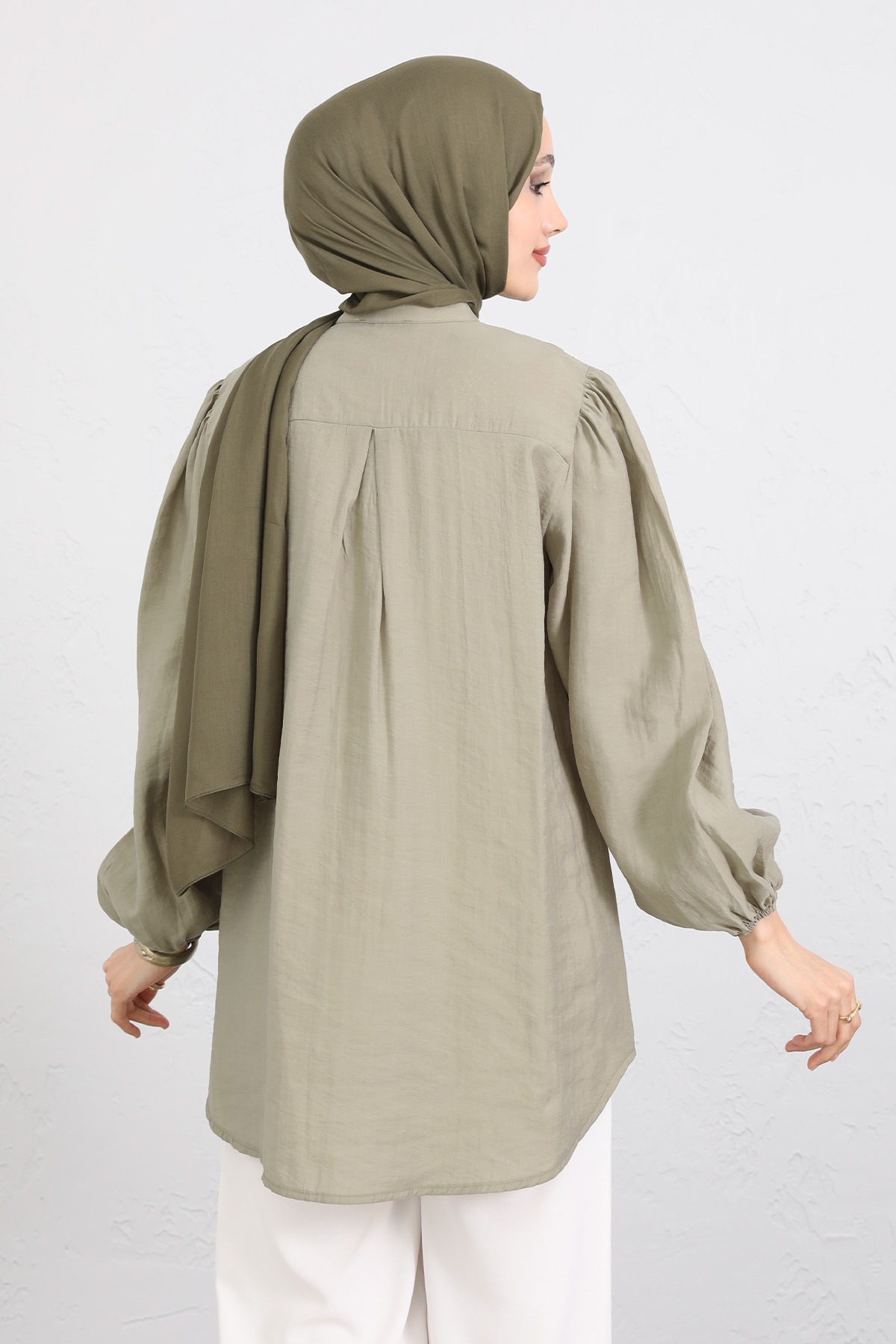 Nakış Detaylı Balon Kol Gömlek Y0103 - AÇIK HAKİ |  