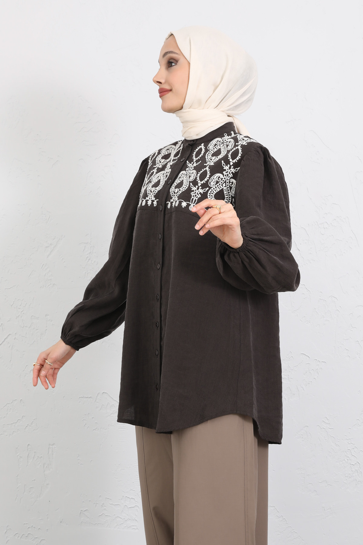 Nakış Detaylı Balon Kol Gömlek Y0103 - KAHVERENGİ |  