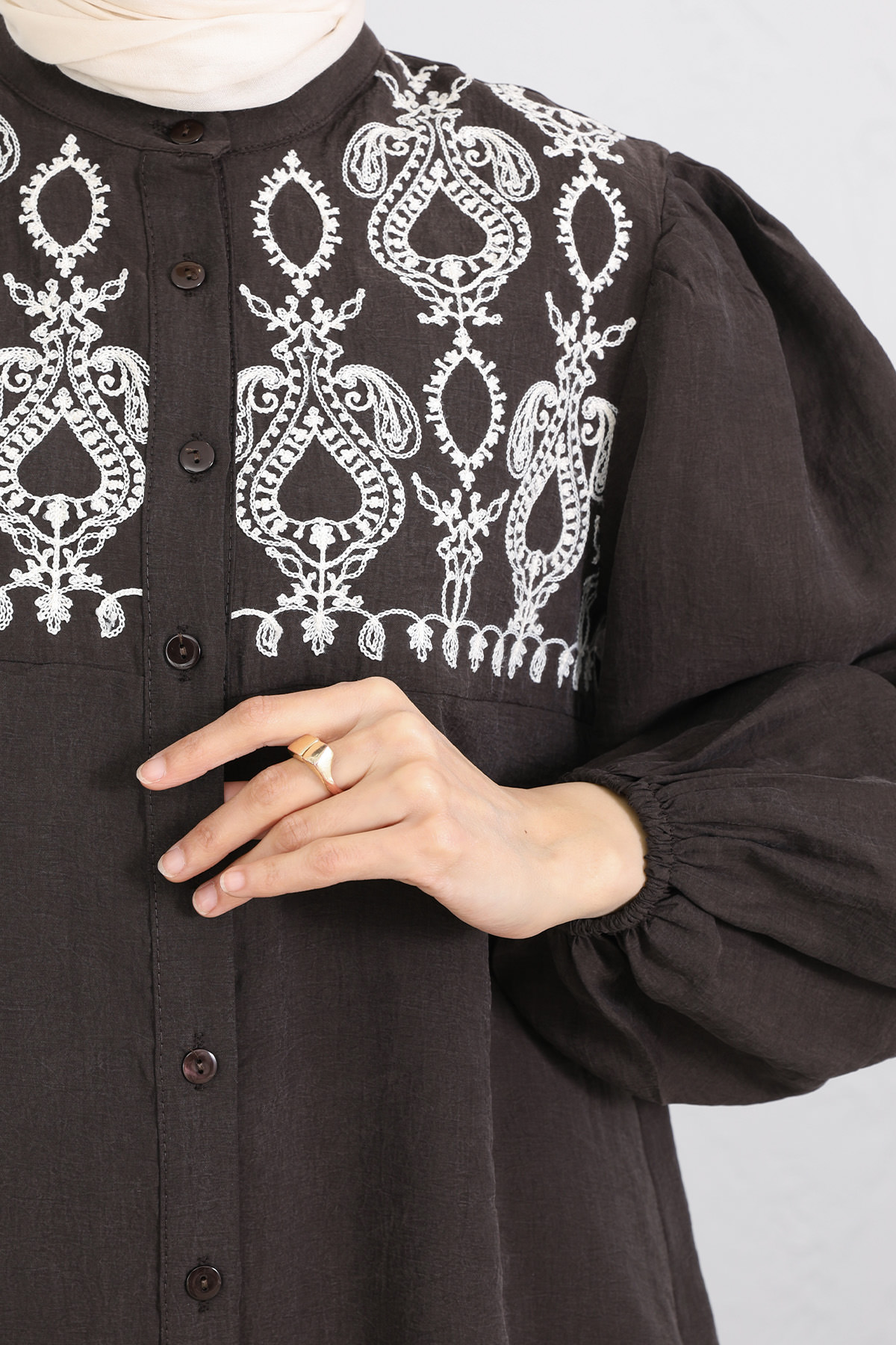 Nakış Detaylı Balon Kol Gömlek Y0103 - KAHVERENGİ |  