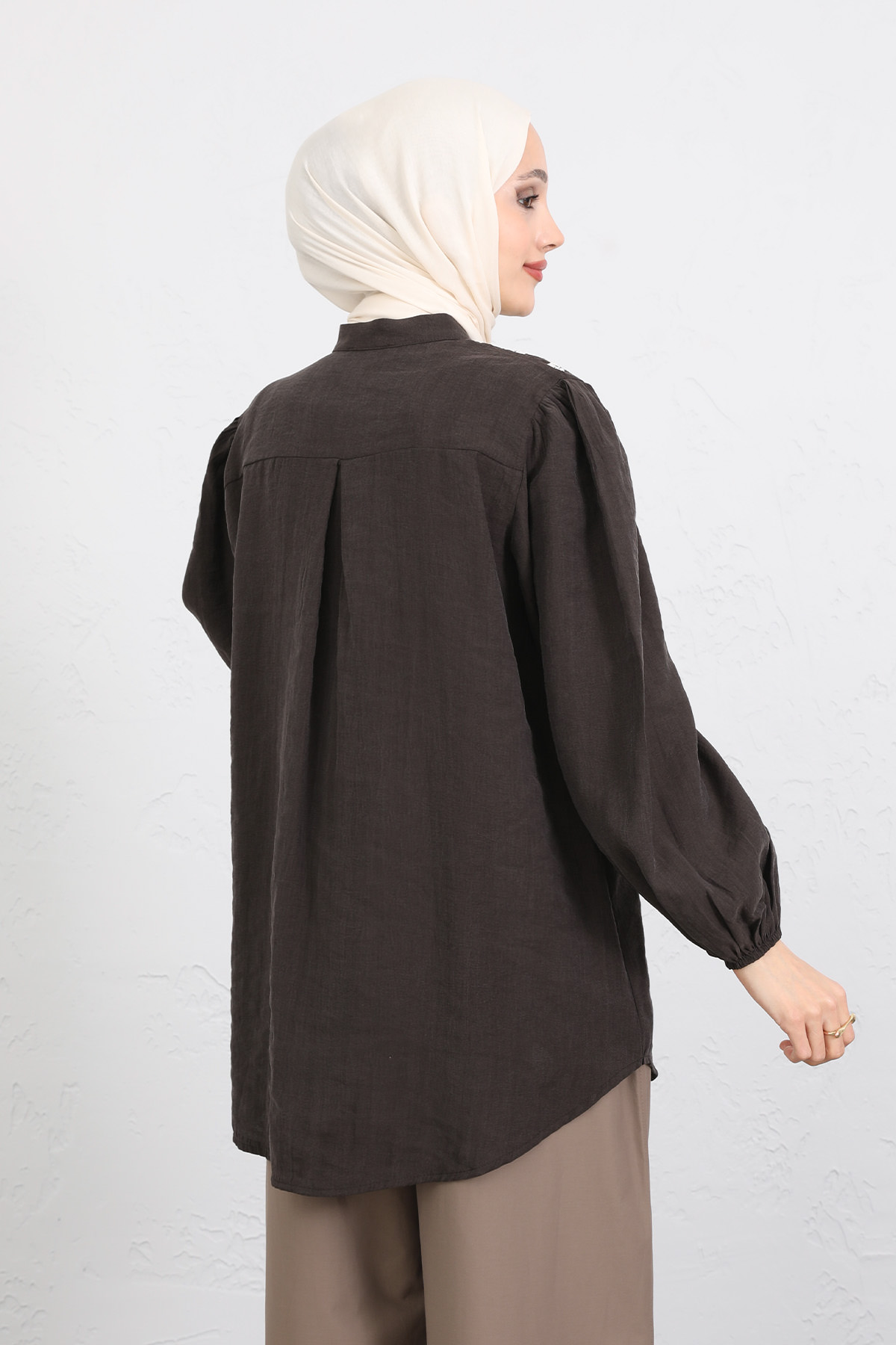 Nakış Detaylı Balon Kol Gömlek Y0103 - KAHVERENGİ |  