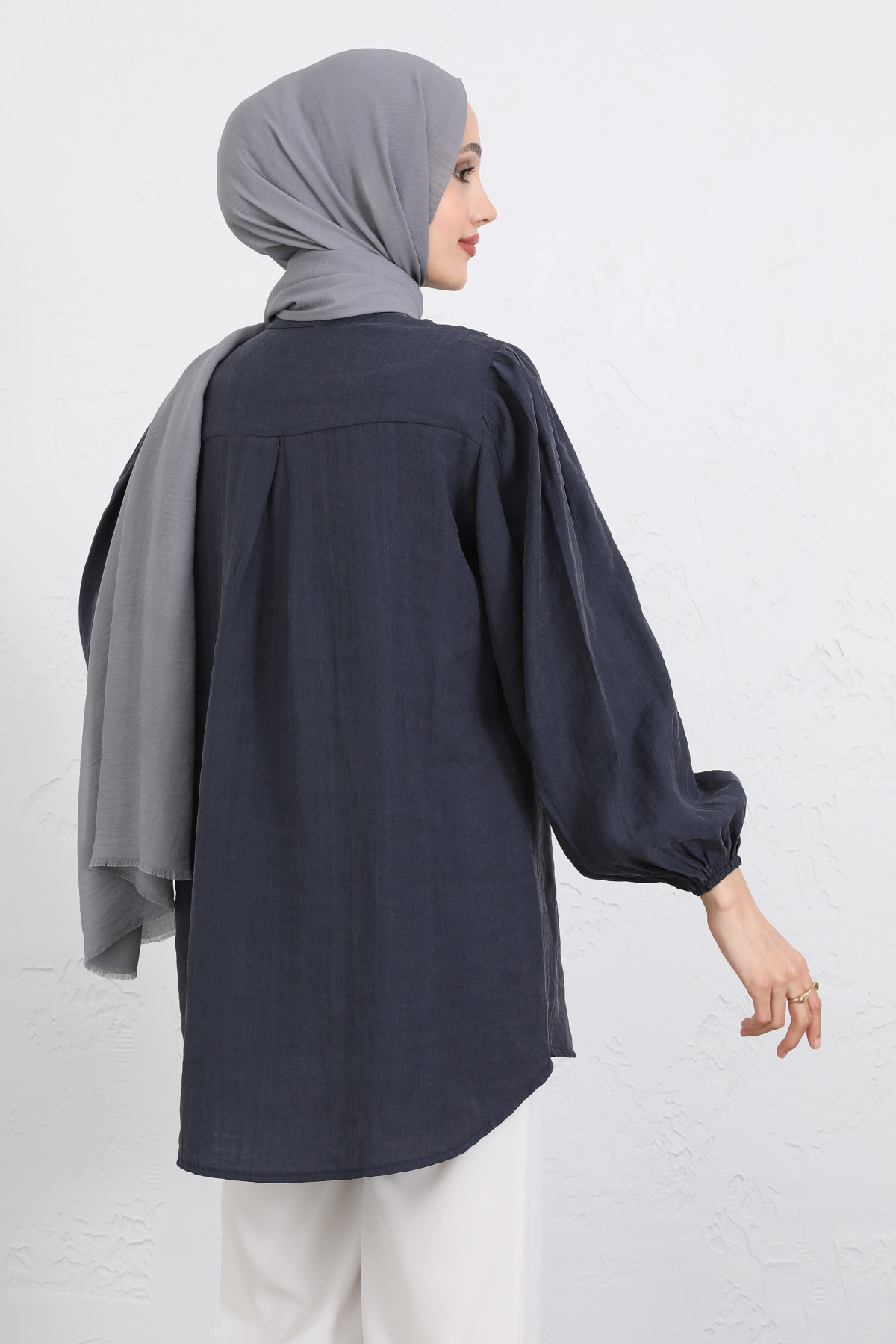 Nakış Detaylı Balon Kol Gömlek Y0103 - LACİVERT |  