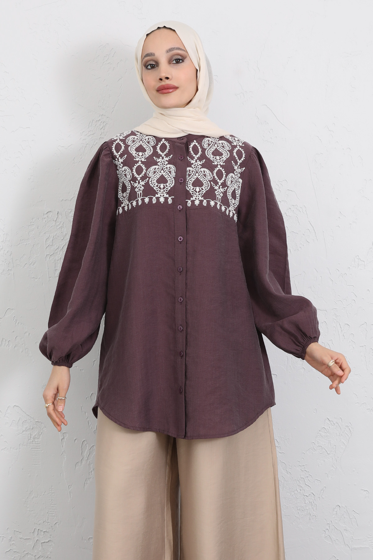 Nakış Detaylı Balon Kol Gömlek Y0103 - MÜRDÜM |  