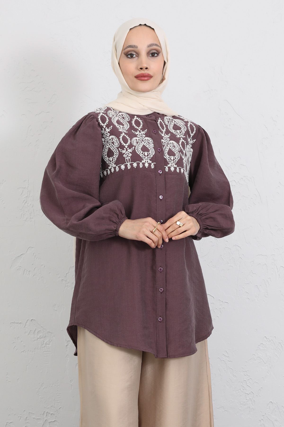 Nakış Detaylı Balon Kol Gömlek Y0103 - MÜRDÜM |  