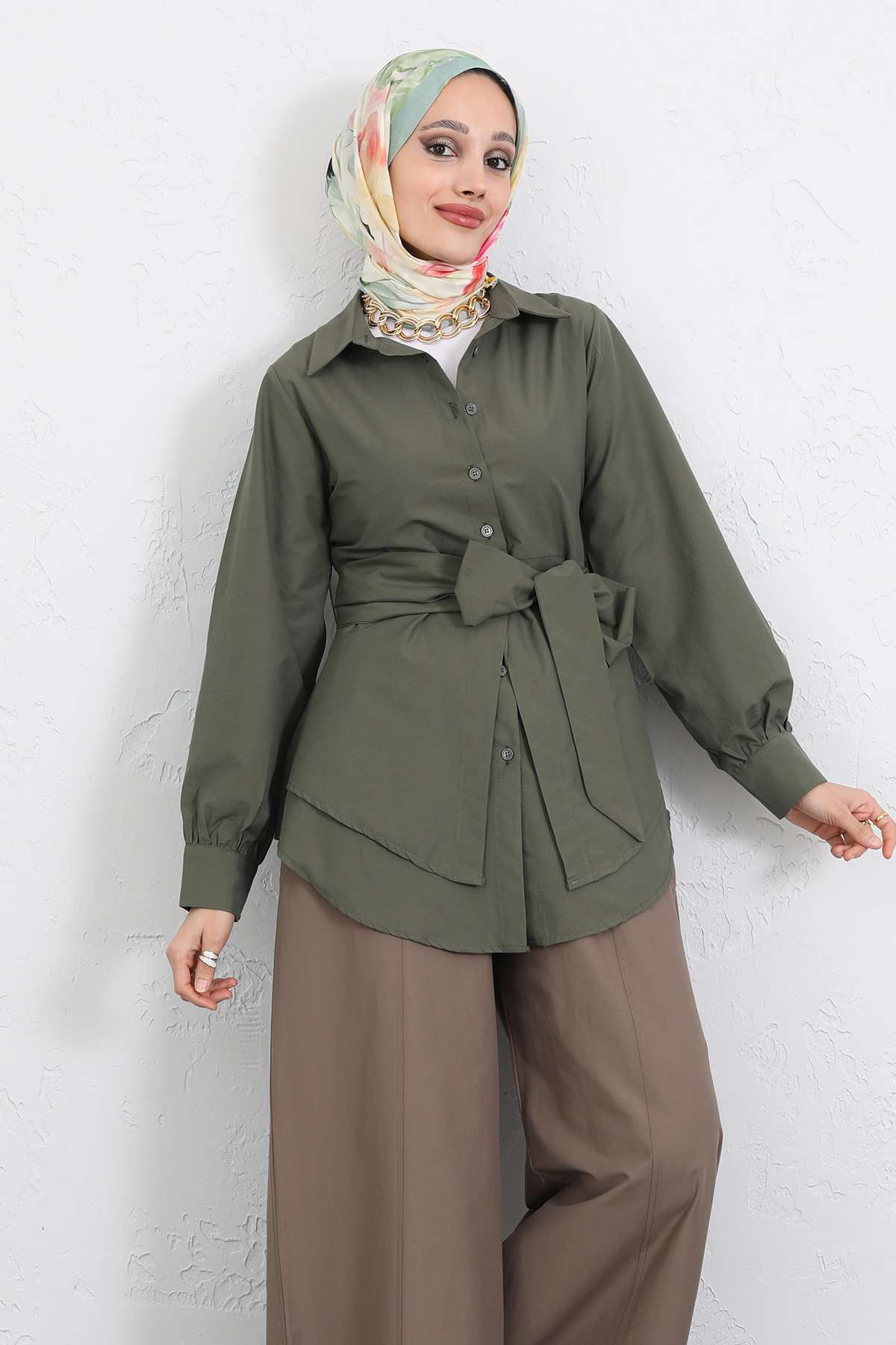 Çapraz Kuşaklı Gömlek Y0105 - HAKİ |  