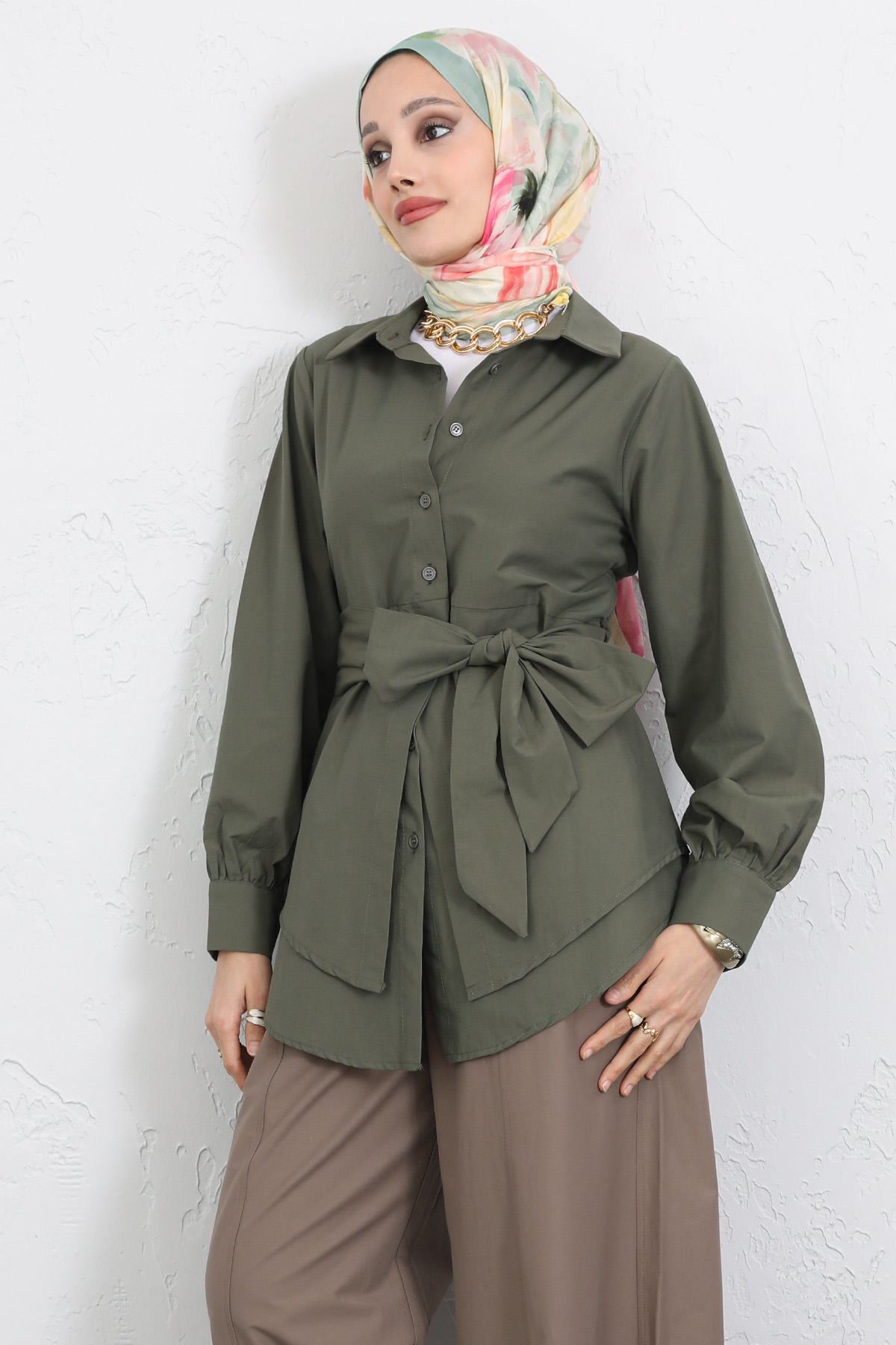 Çapraz Kuşaklı Gömlek Y0105 - HAKİ |  