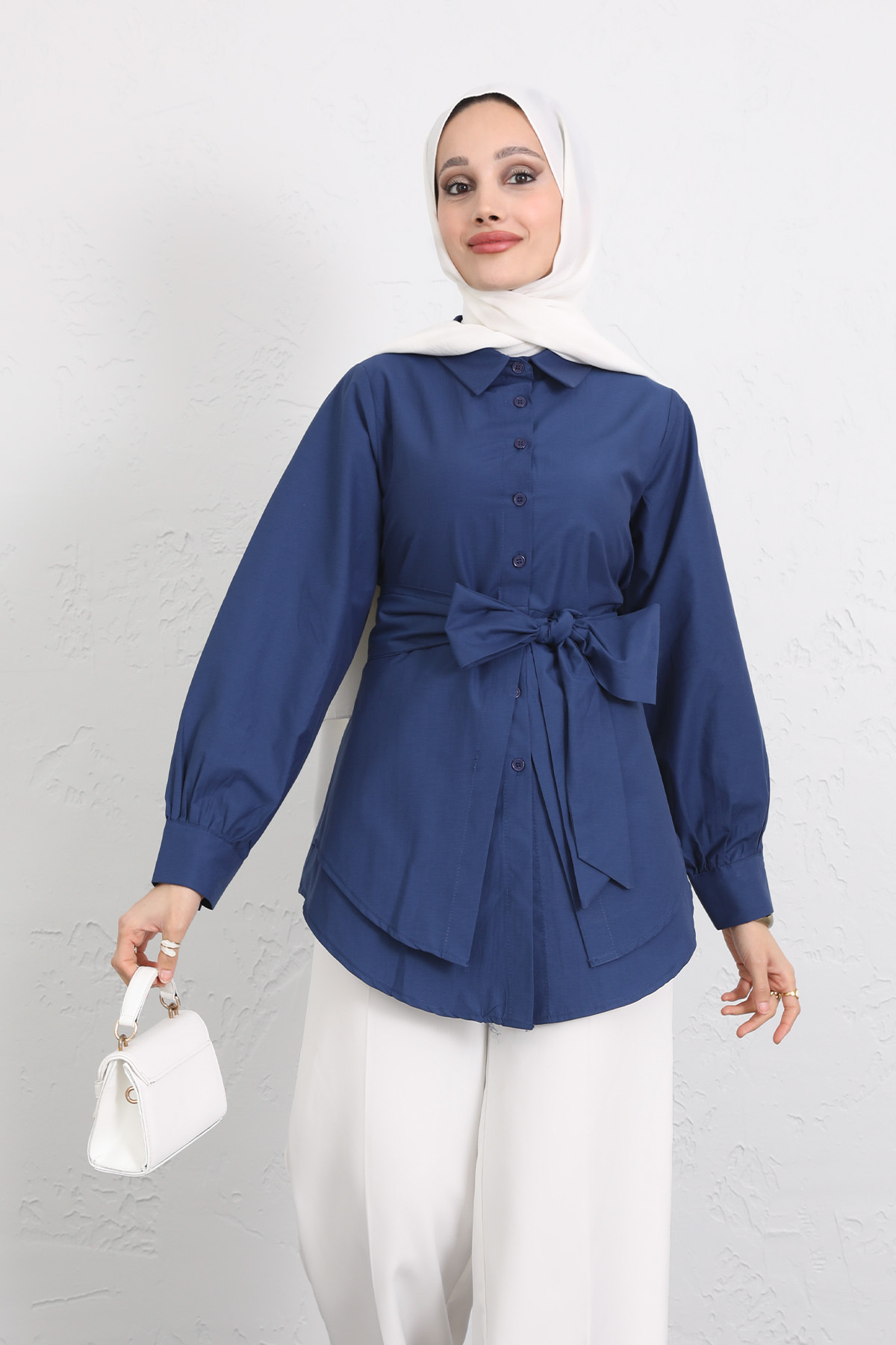 Çapraz Kuşaklı Gömlek Y0105 - İNDİGO |  