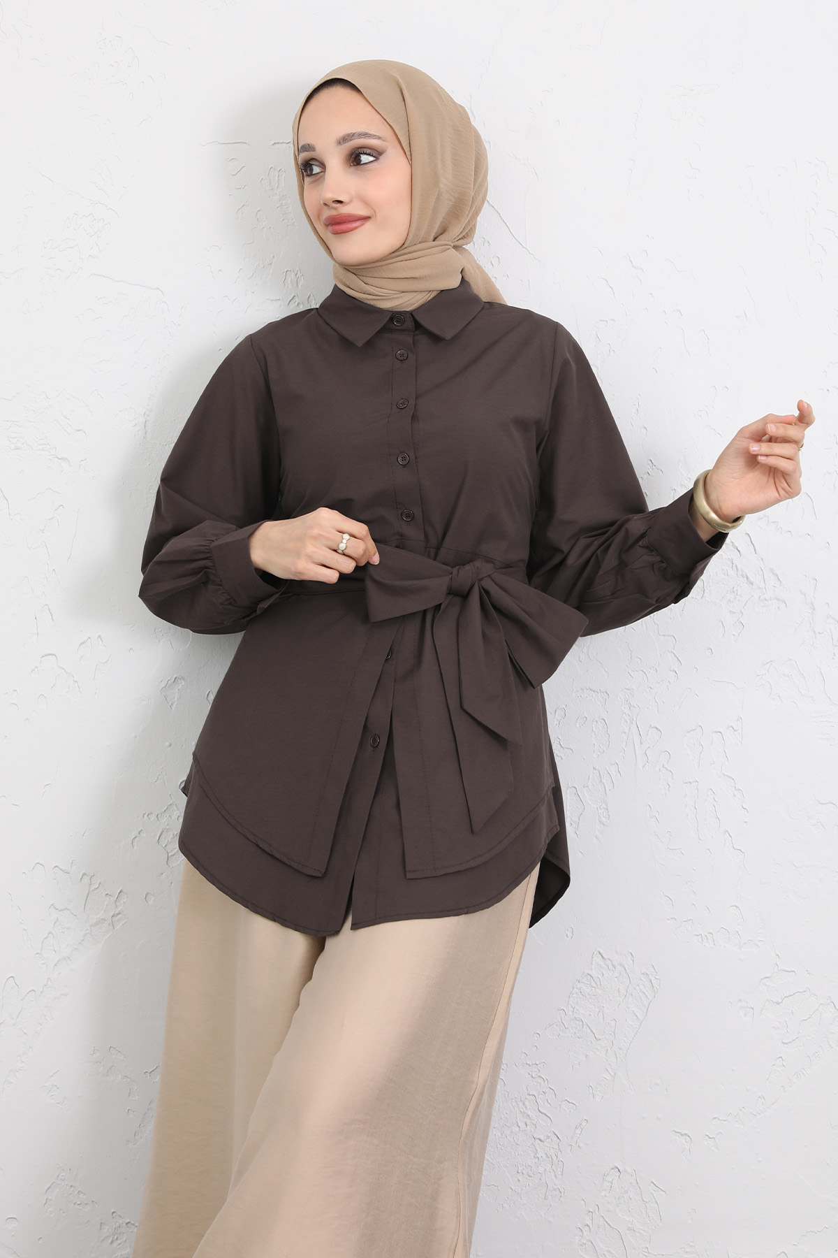 Çapraz Kuşaklı Gömlek Y0105 - KAHVERENGİ |  