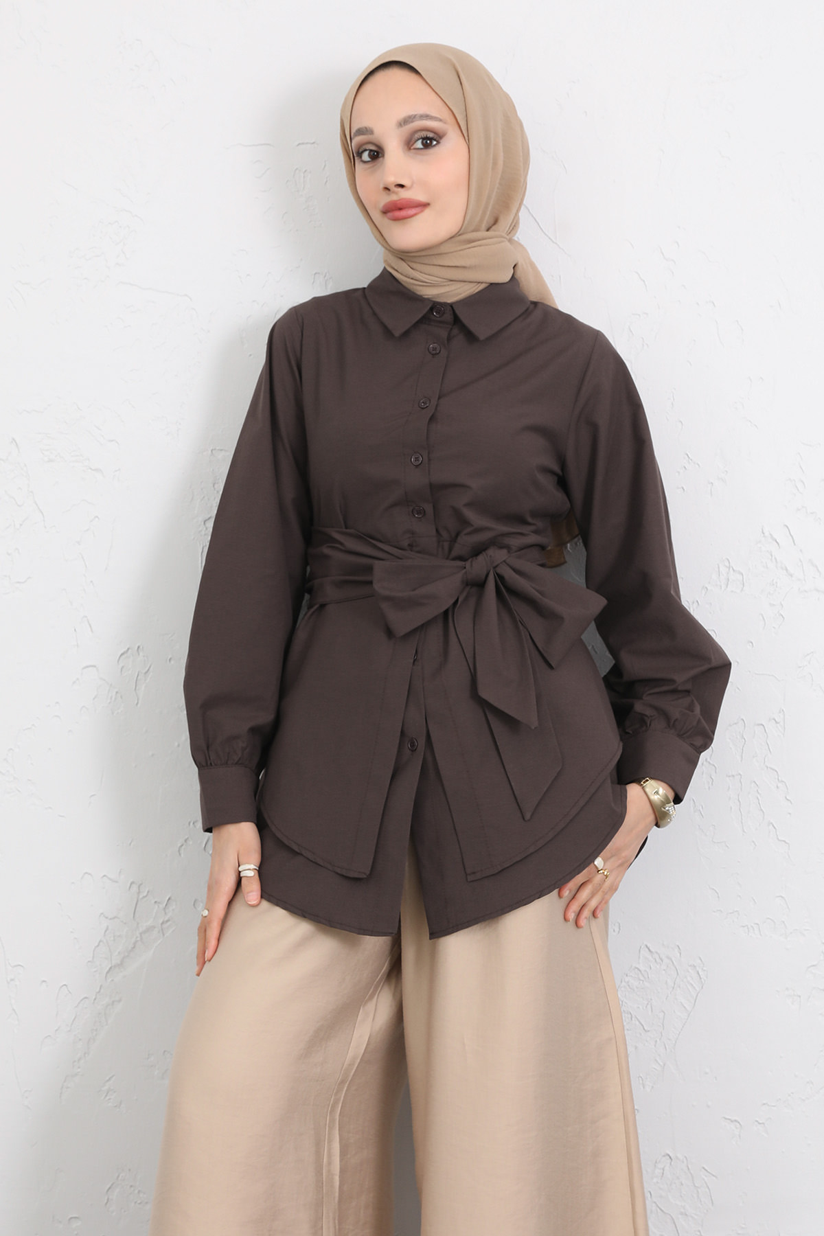 Çapraz Kuşaklı Gömlek Y0105 - KAHVERENGİ |  