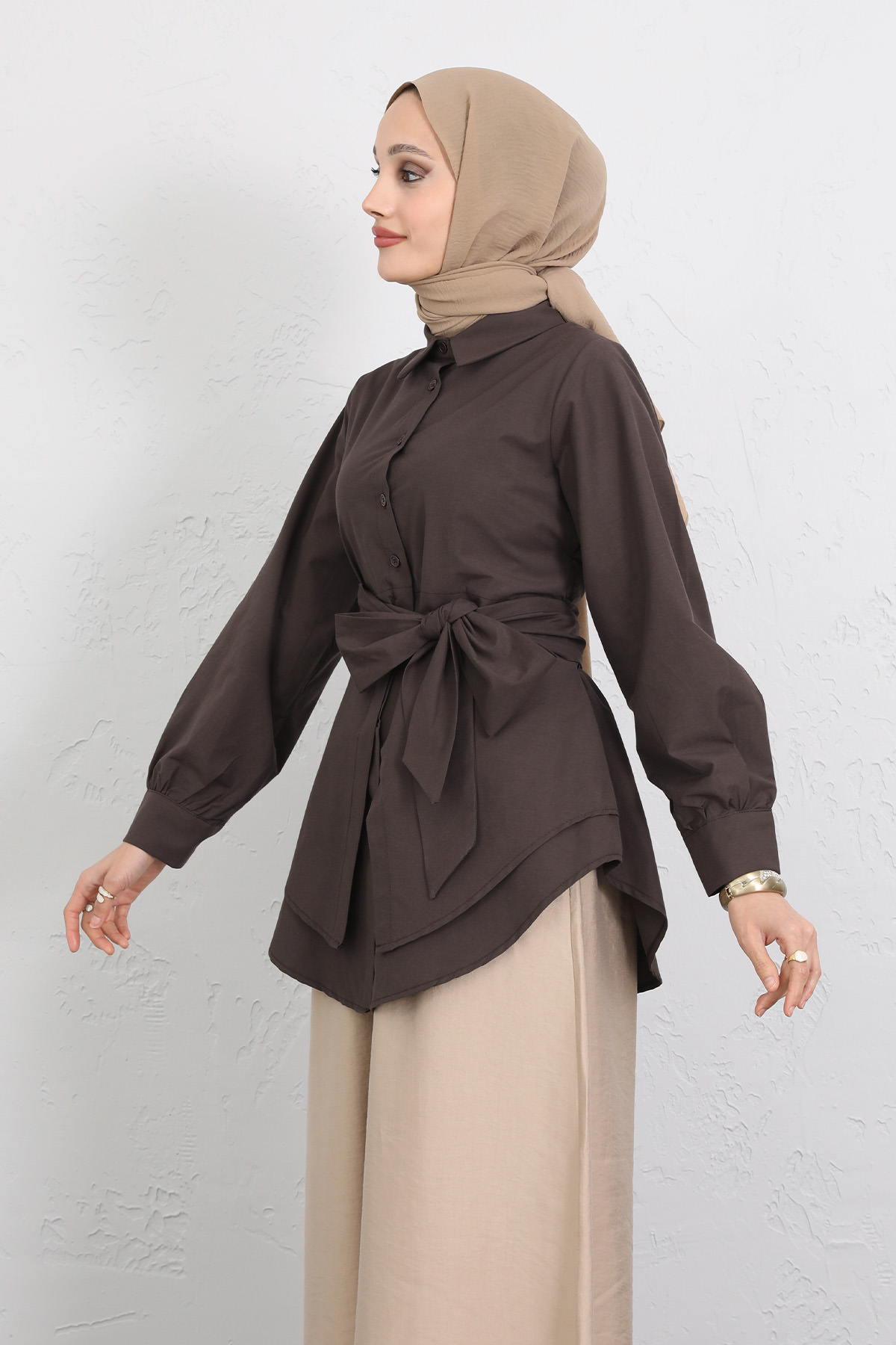 Çapraz Kuşaklı Gömlek Y0105 - KAHVERENGİ |  