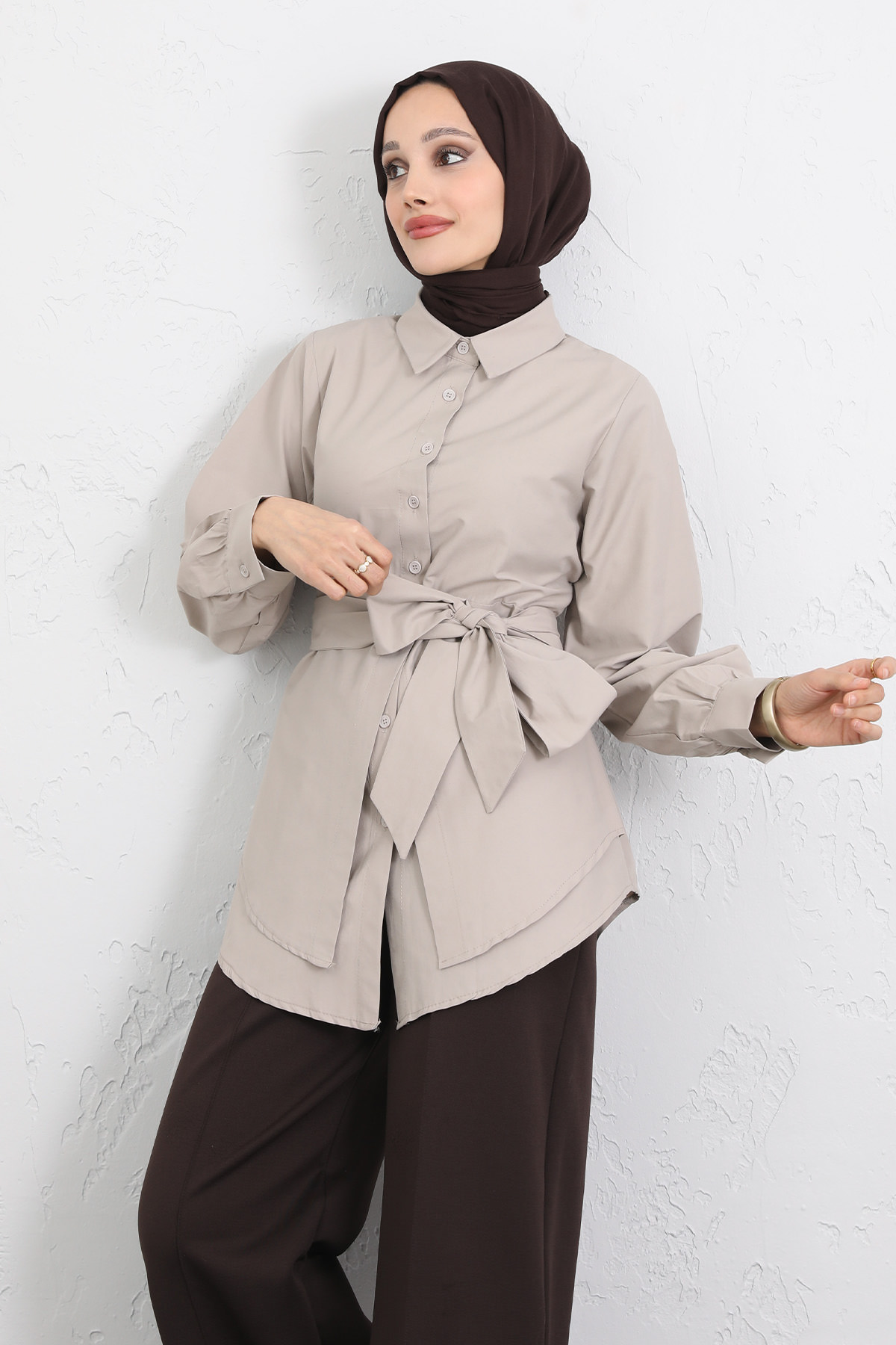 Çapraz Kuşaklı Gömlek Y0105 - TAŞ RENGİ |  