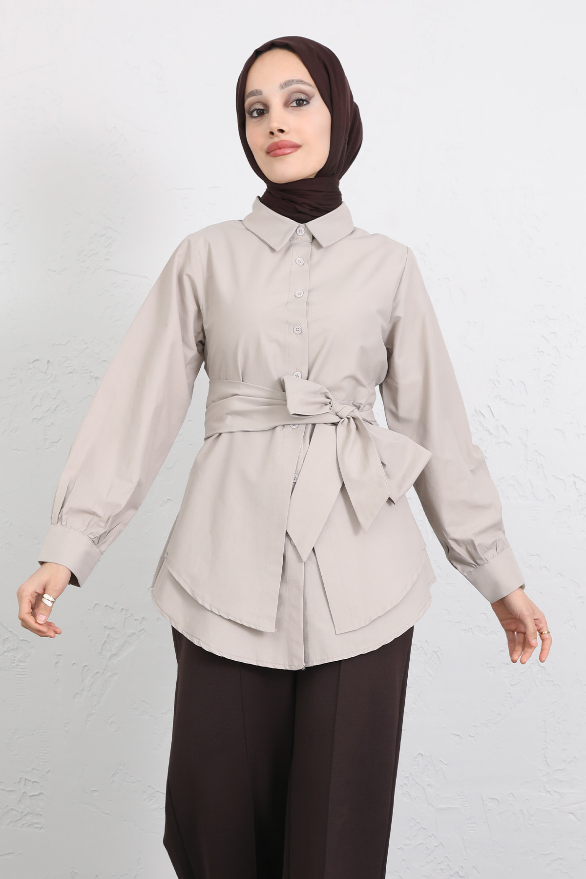 Çapraz Kuşaklı Gömlek Y0105 - TAŞ RENGİ |  