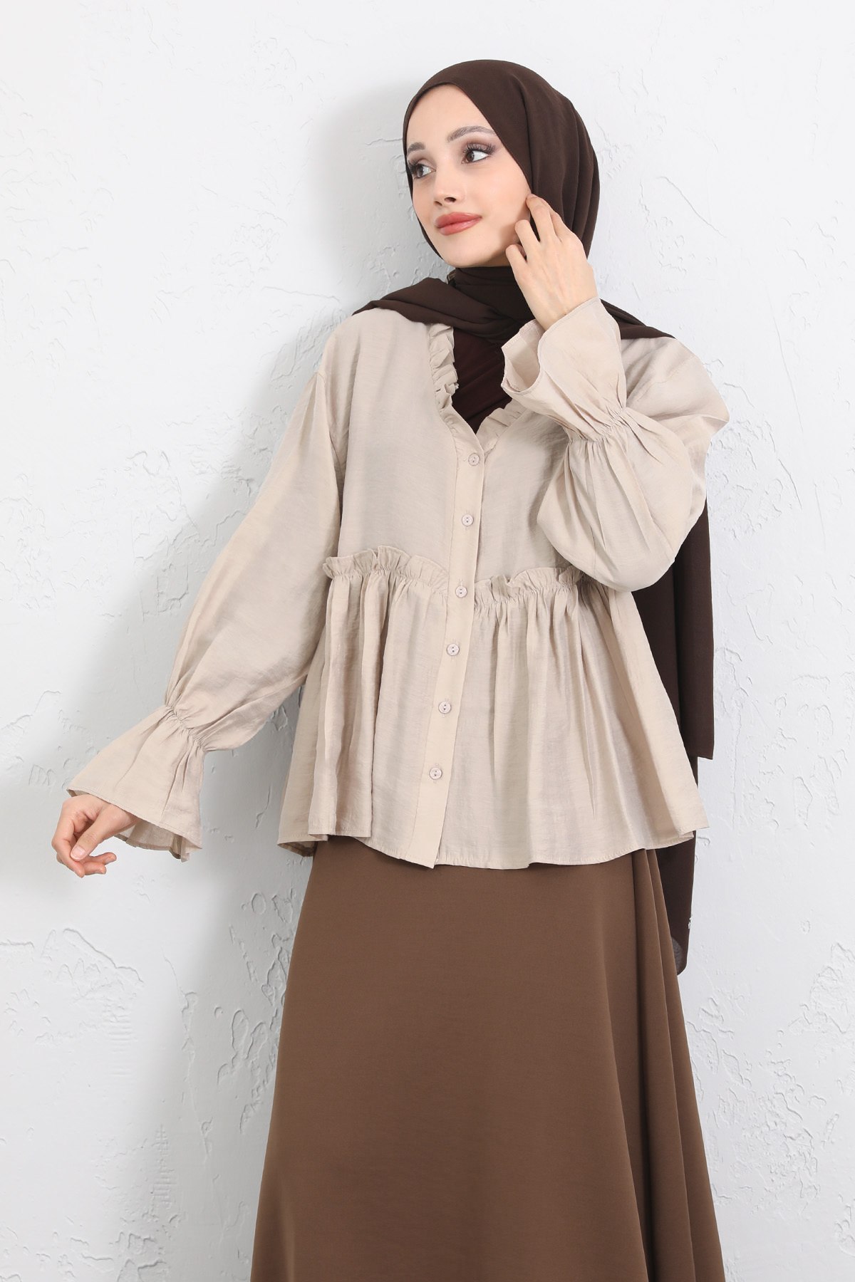 Fırfır Yaka Peplum Gömlek Y0107 - BEJ |  