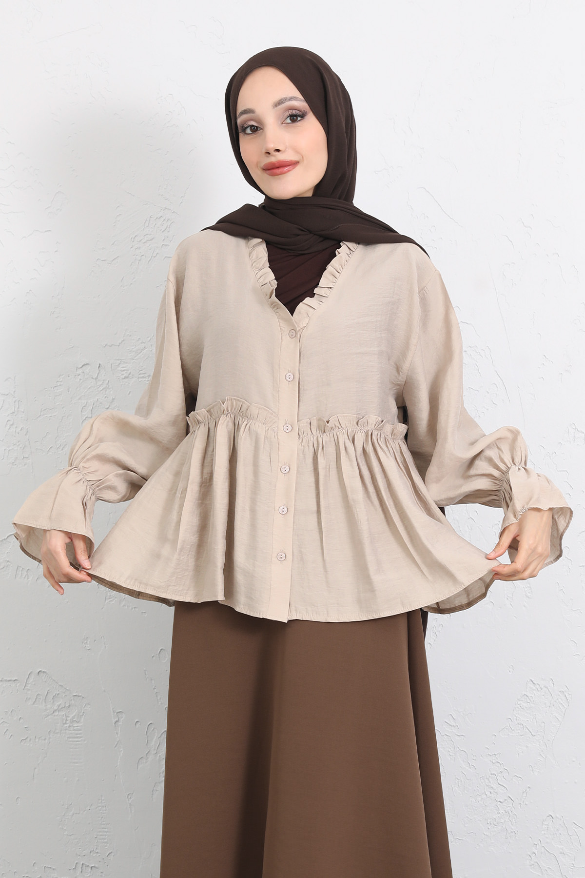 Fırfır Yaka Peplum Gömlek Y0107 - BEJ |  
