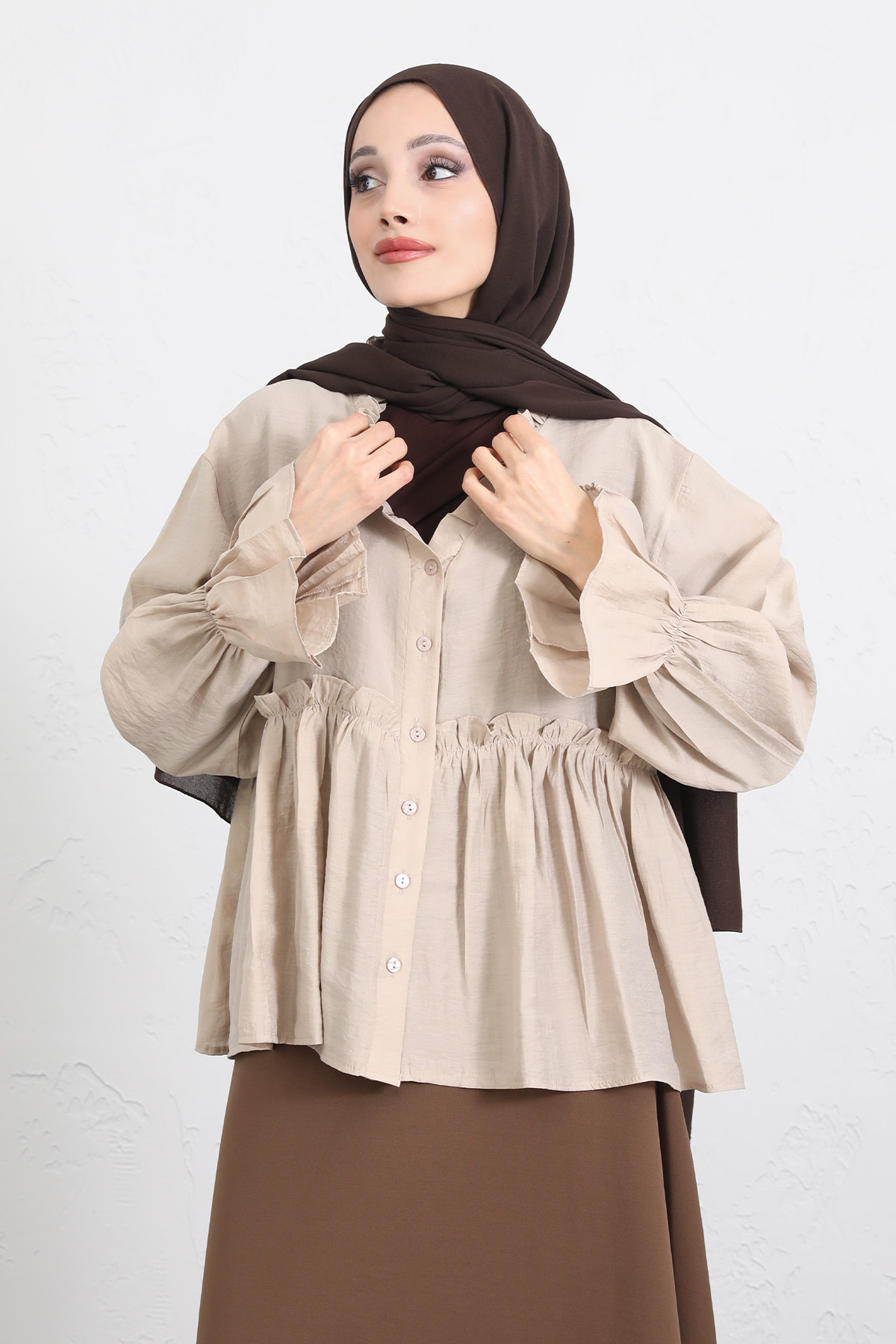 Fırfır Yaka Peplum Gömlek Y0107 - BEJ |  