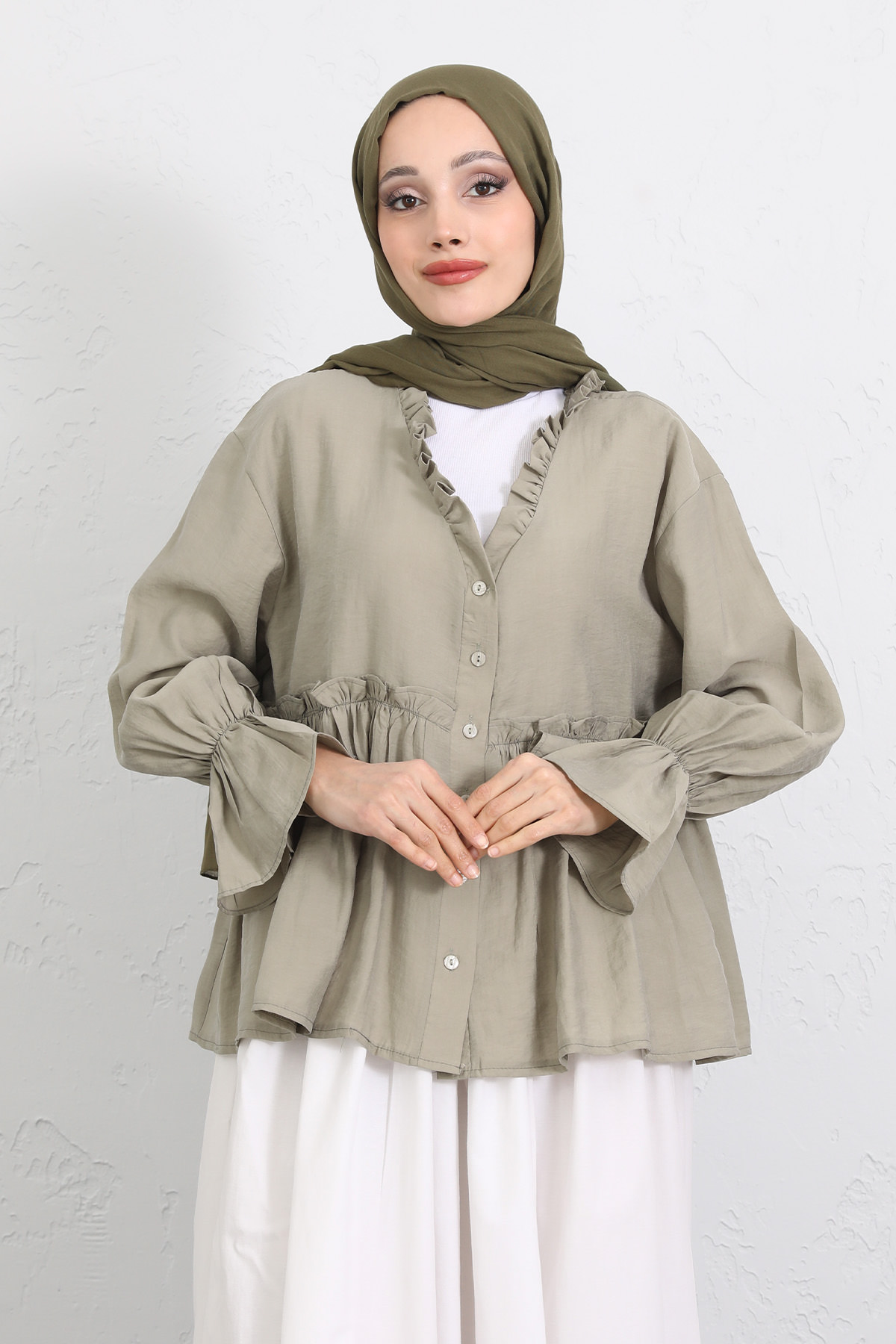 Fırfır Yaka Peplum Gömlek Y0107 - AÇIK HAKİ |  