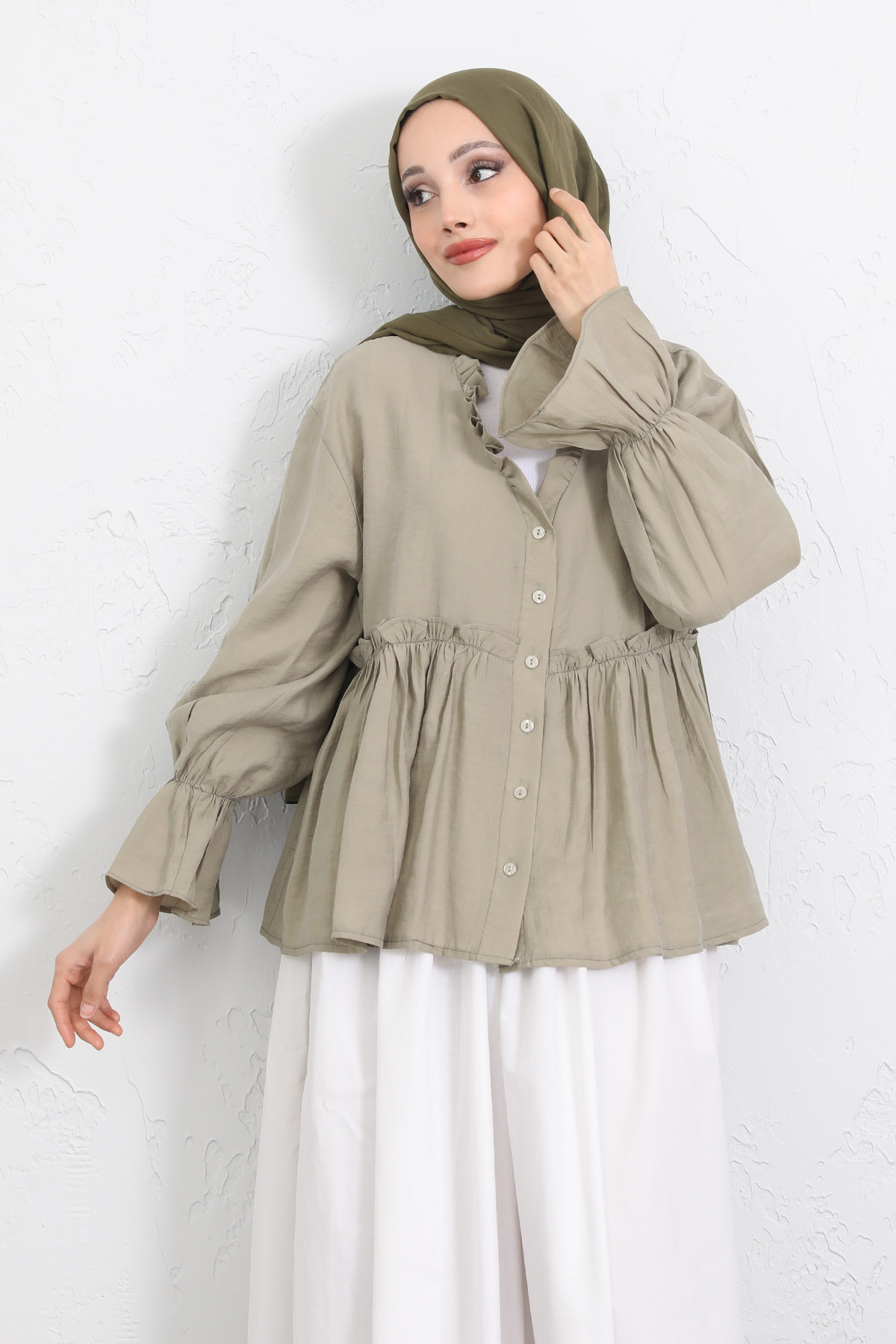 Fırfır Yaka Peplum Gömlek Y0107 - AÇIK HAKİ |  