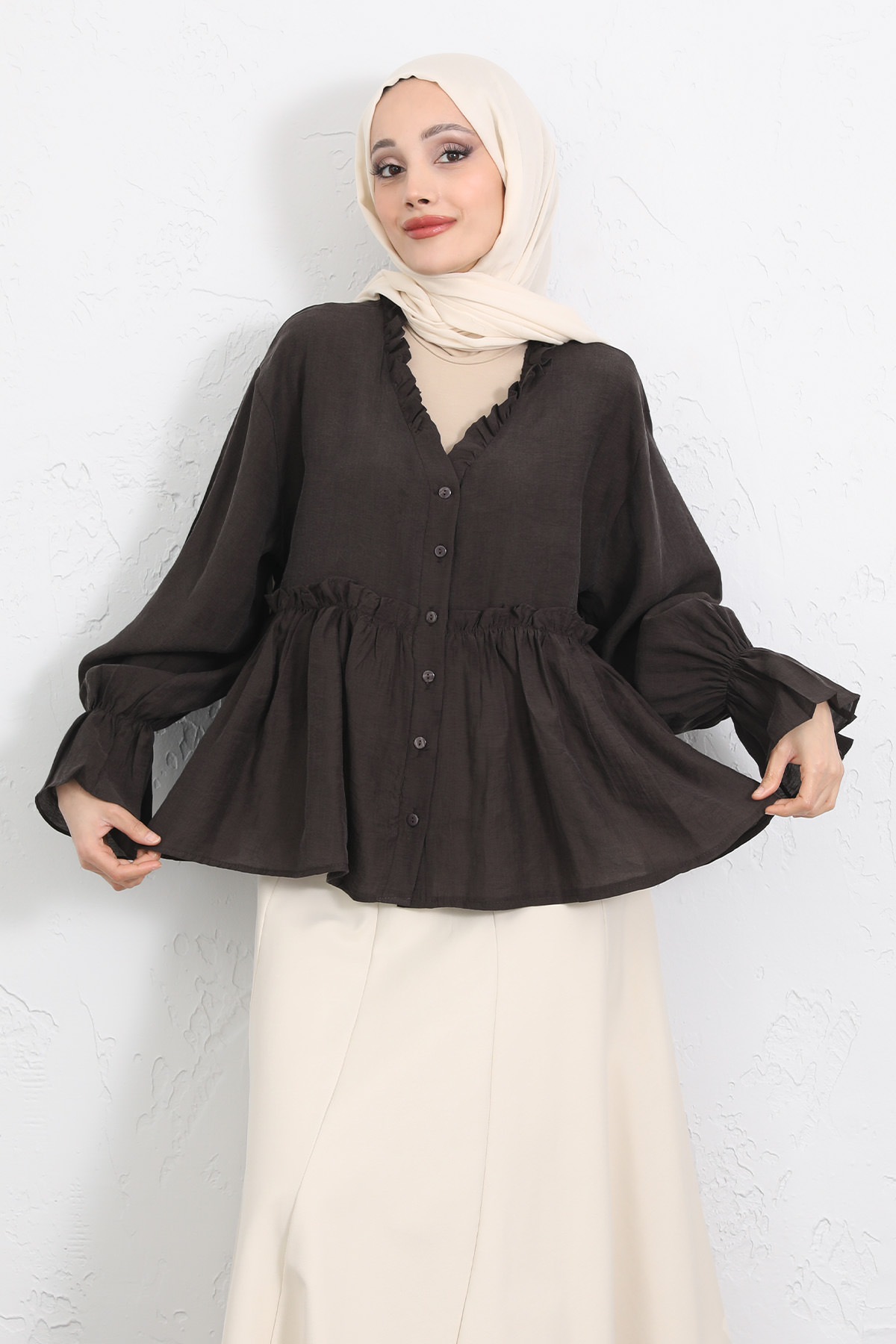 Fırfır Yaka Peplum Gömlek Y0107 - KAHVERENGİ |  