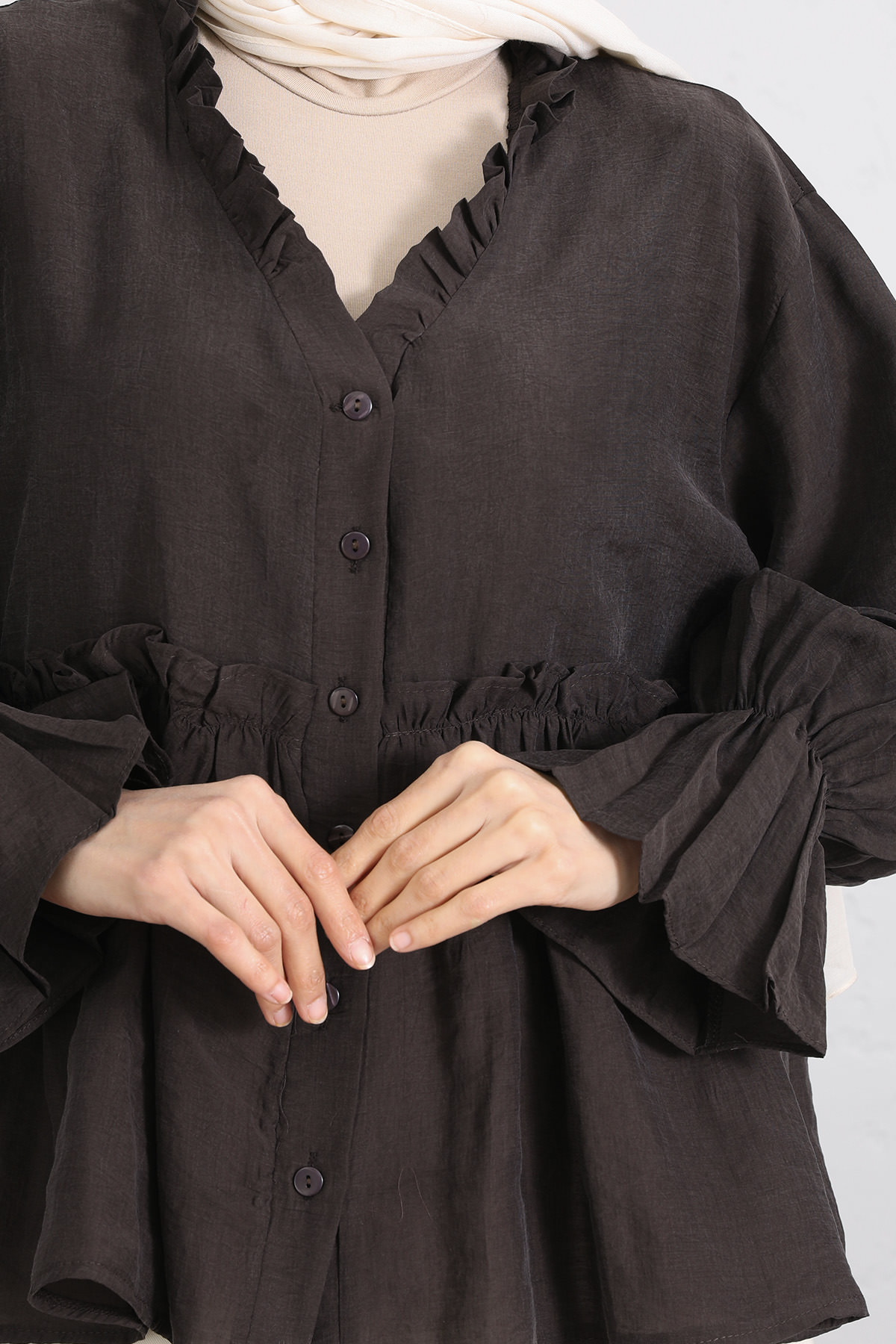 Fırfır Yaka Peplum Gömlek Y0107 - KAHVERENGİ |  