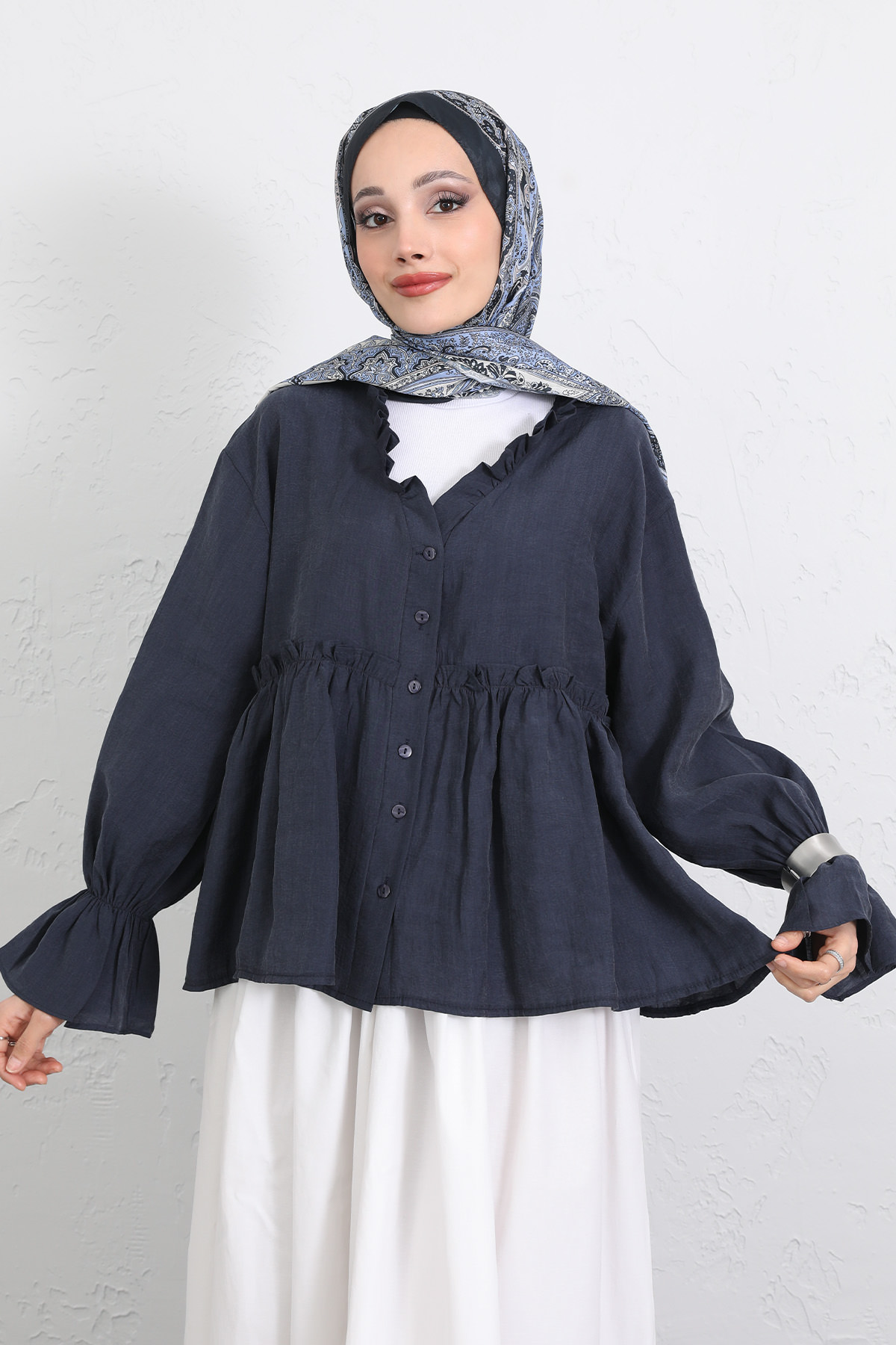 Fırfır Yaka Peplum Gömlek Y0107 - LACİVERT |  