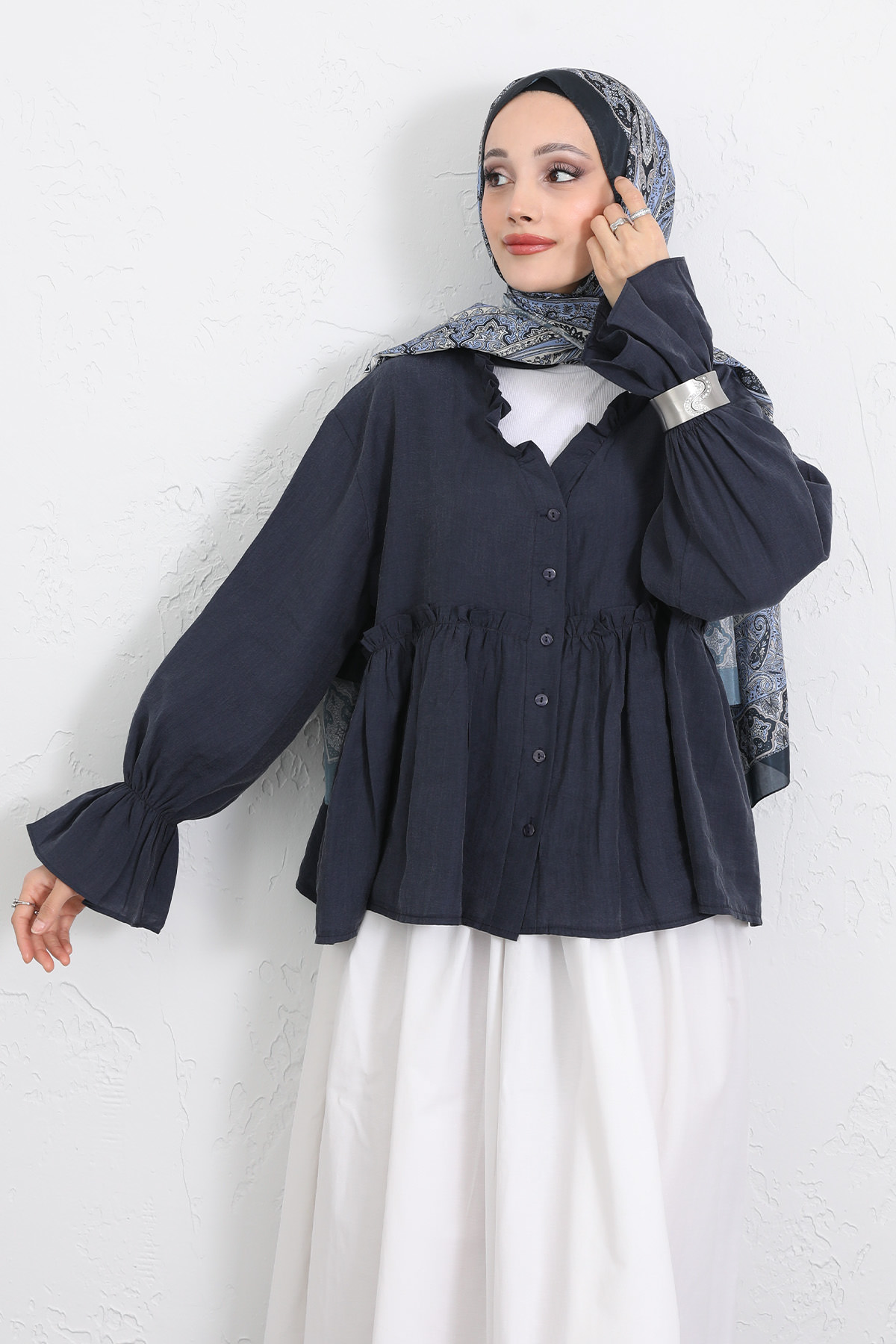 Fırfır Yaka Peplum Gömlek Y0107 - LACİVERT |  