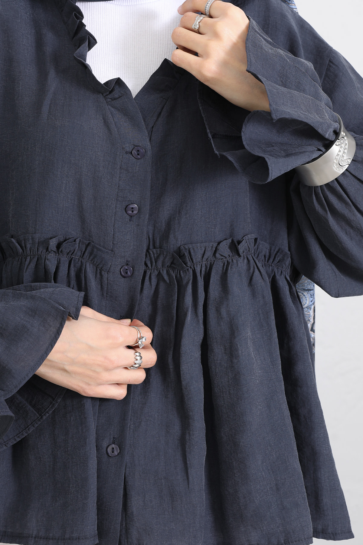 Fırfır Yaka Peplum Gömlek Y0107 - LACİVERT |  