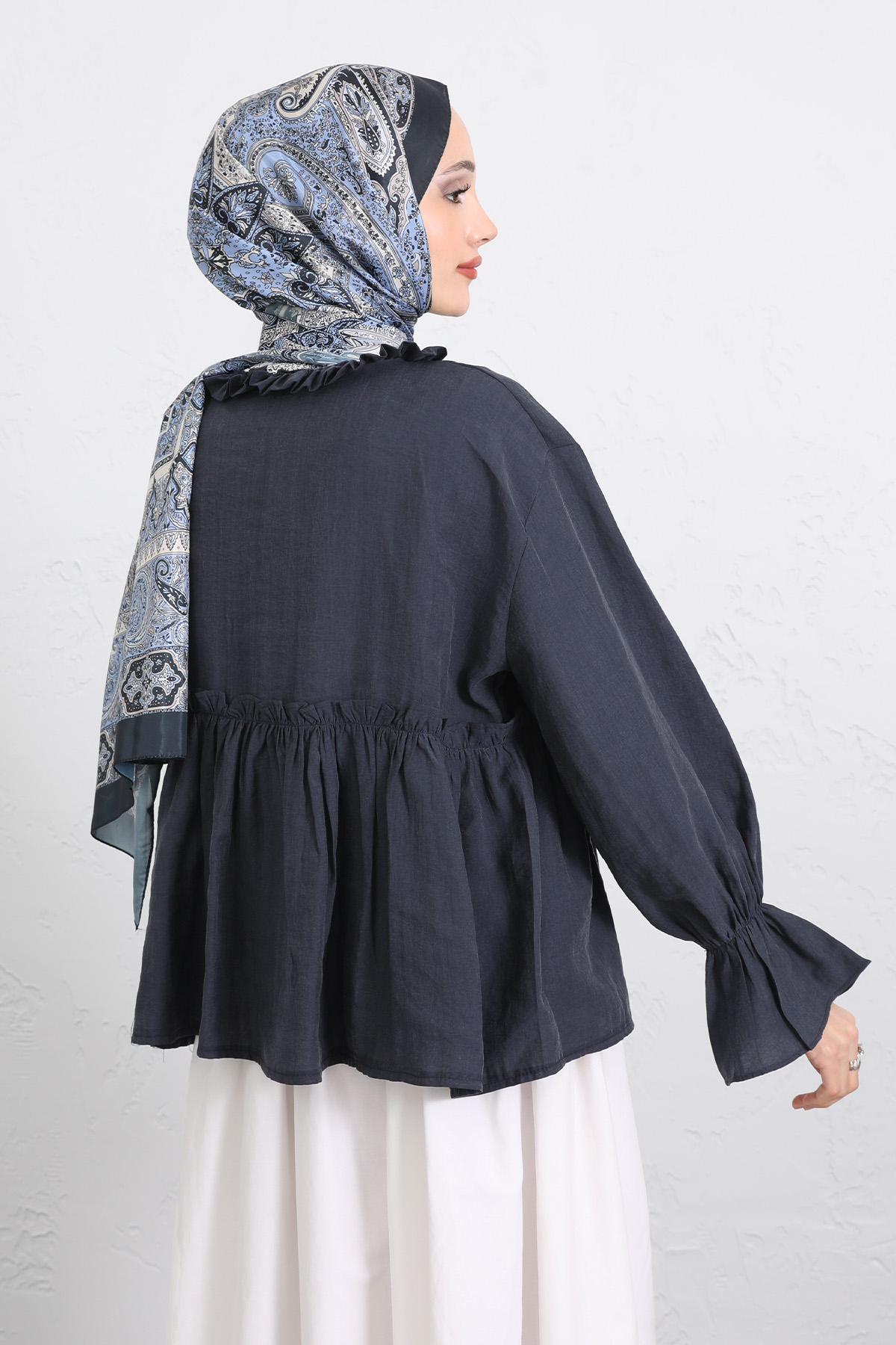 Fırfır Yaka Peplum Gömlek Y0107 - LACİVERT |  