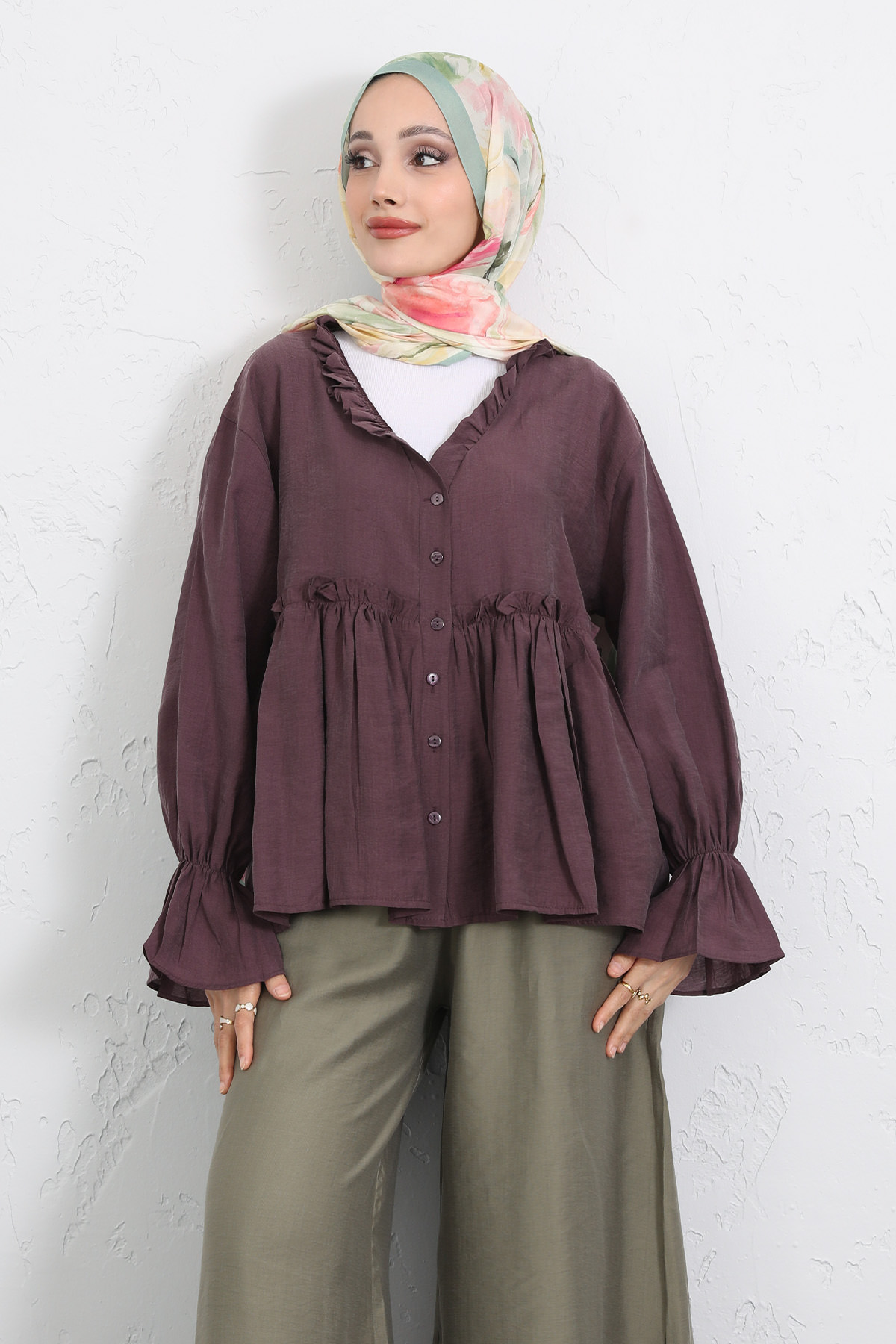 Fırfır Yaka Peplum Gömlek Y0107 - MÜRDÜM |  