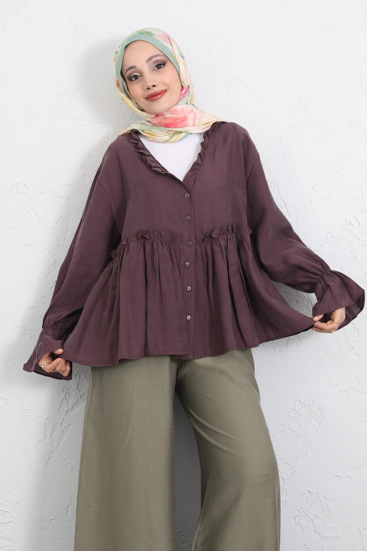 Fırfır Yaka Peplum Gömlek Y0107 - MÜRDÜM |  