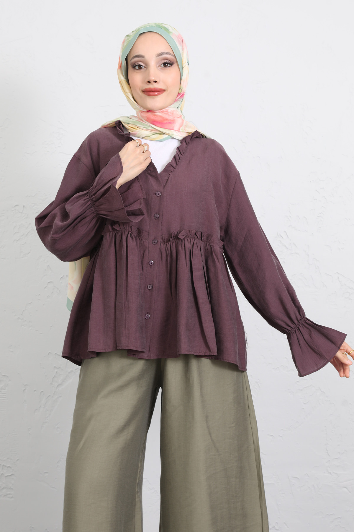 Fırfır Yaka Peplum Gömlek Y0107 - MÜRDÜM |  