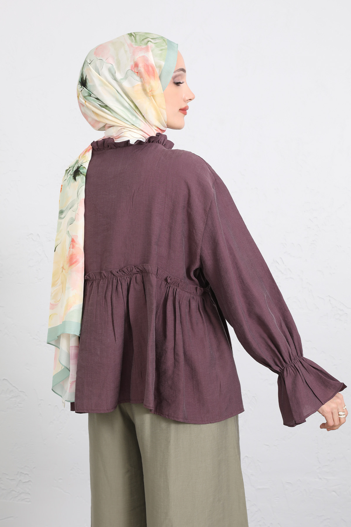 Fırfır Yaka Peplum Gömlek Y0107 - MÜRDÜM |  