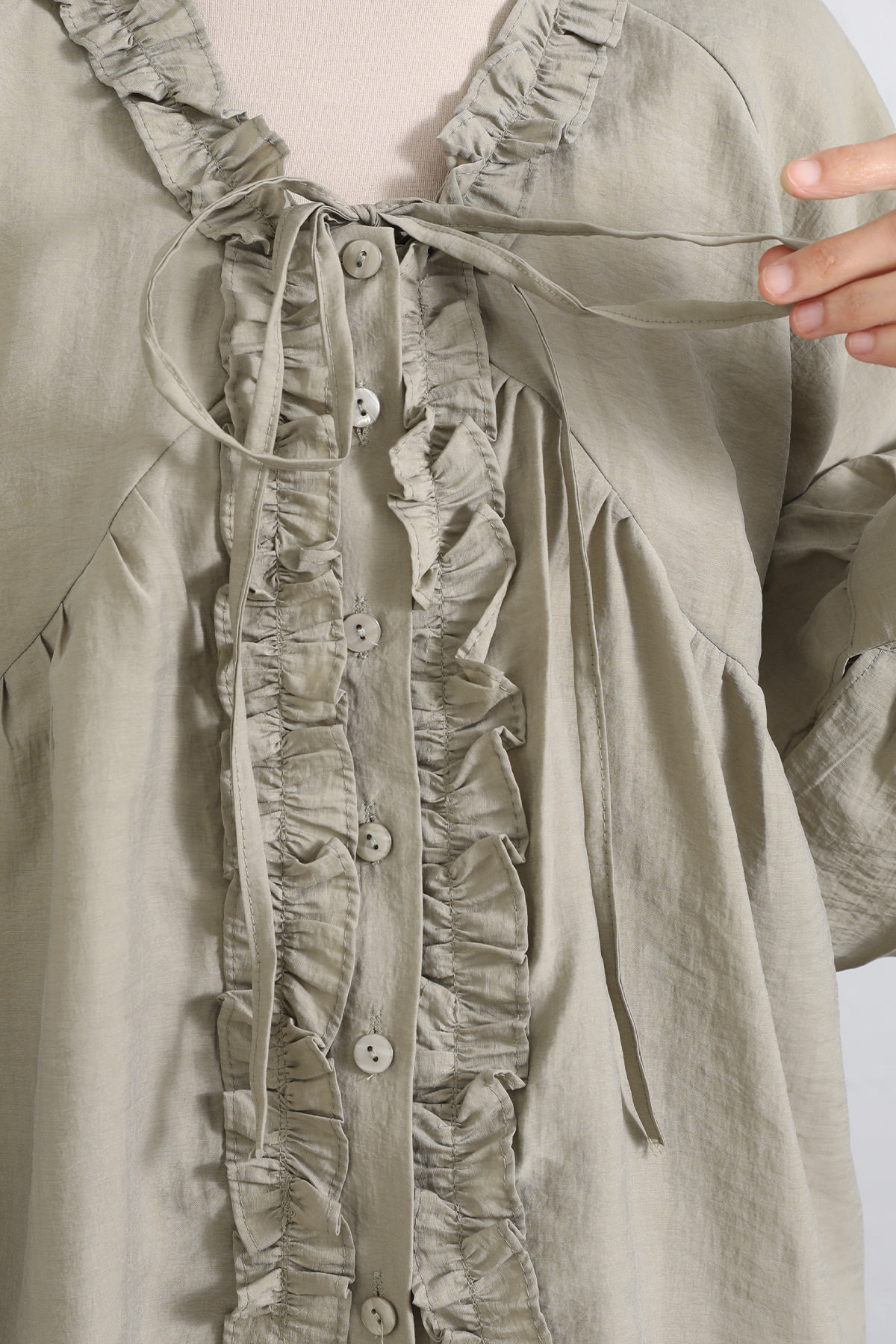 Yaka Bağcıklı Fırfırlı Gömlek Y0108 - HAKİ |  