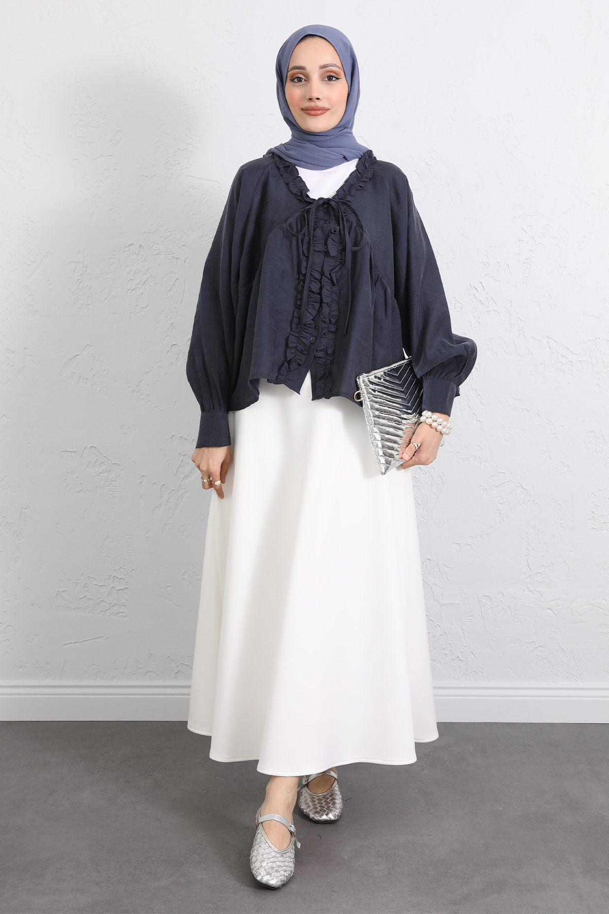 Yaka Bağcıklı Fırfırlı Gömlek Y0108 - LACİVERT |  