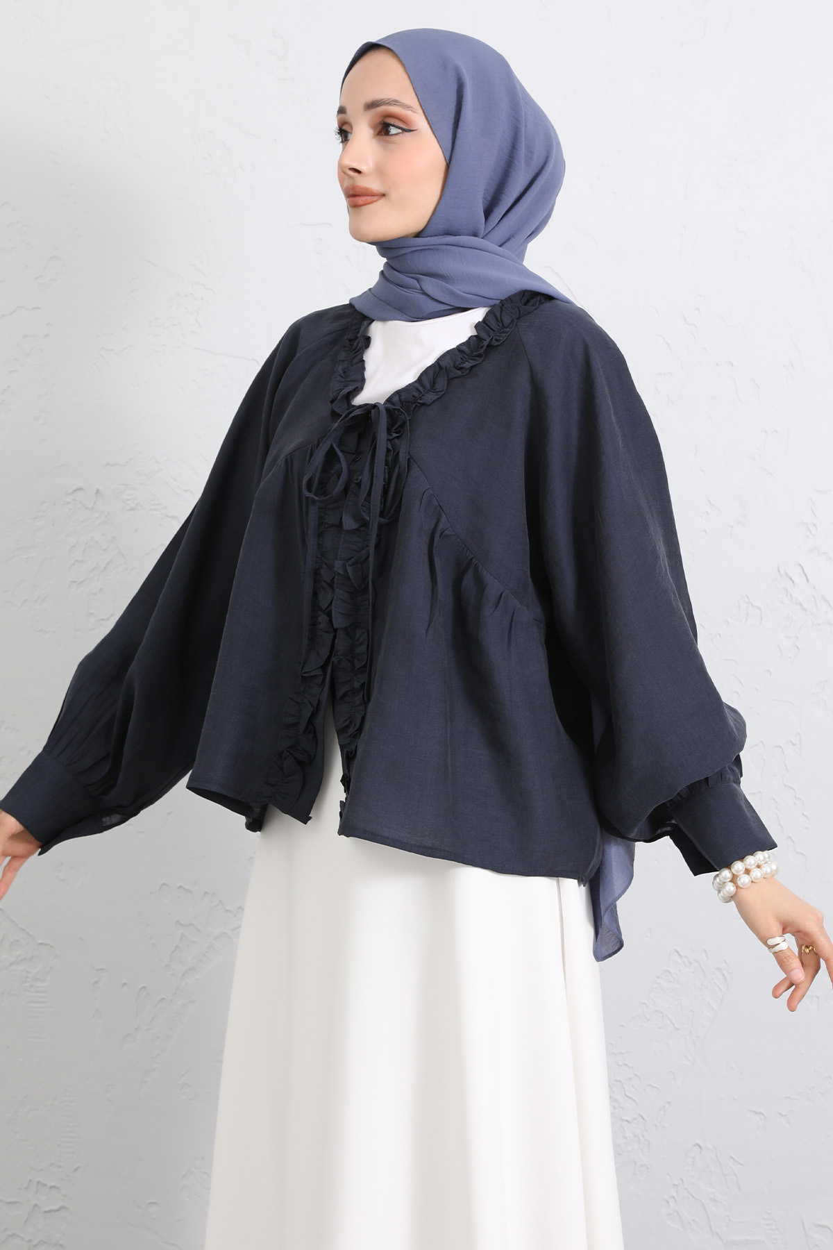 Yaka Bağcıklı Fırfırlı Gömlek Y0108 - LACİVERT |  