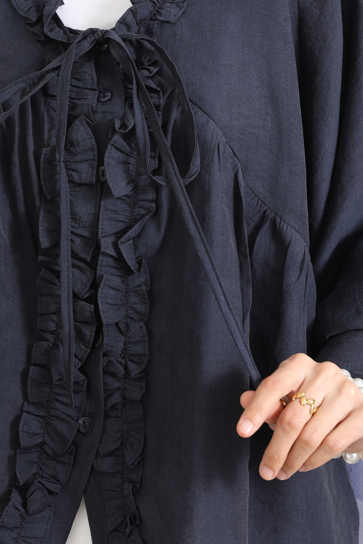 Yaka Bağcıklı Fırfırlı Gömlek Y0108 - LACİVERT |  